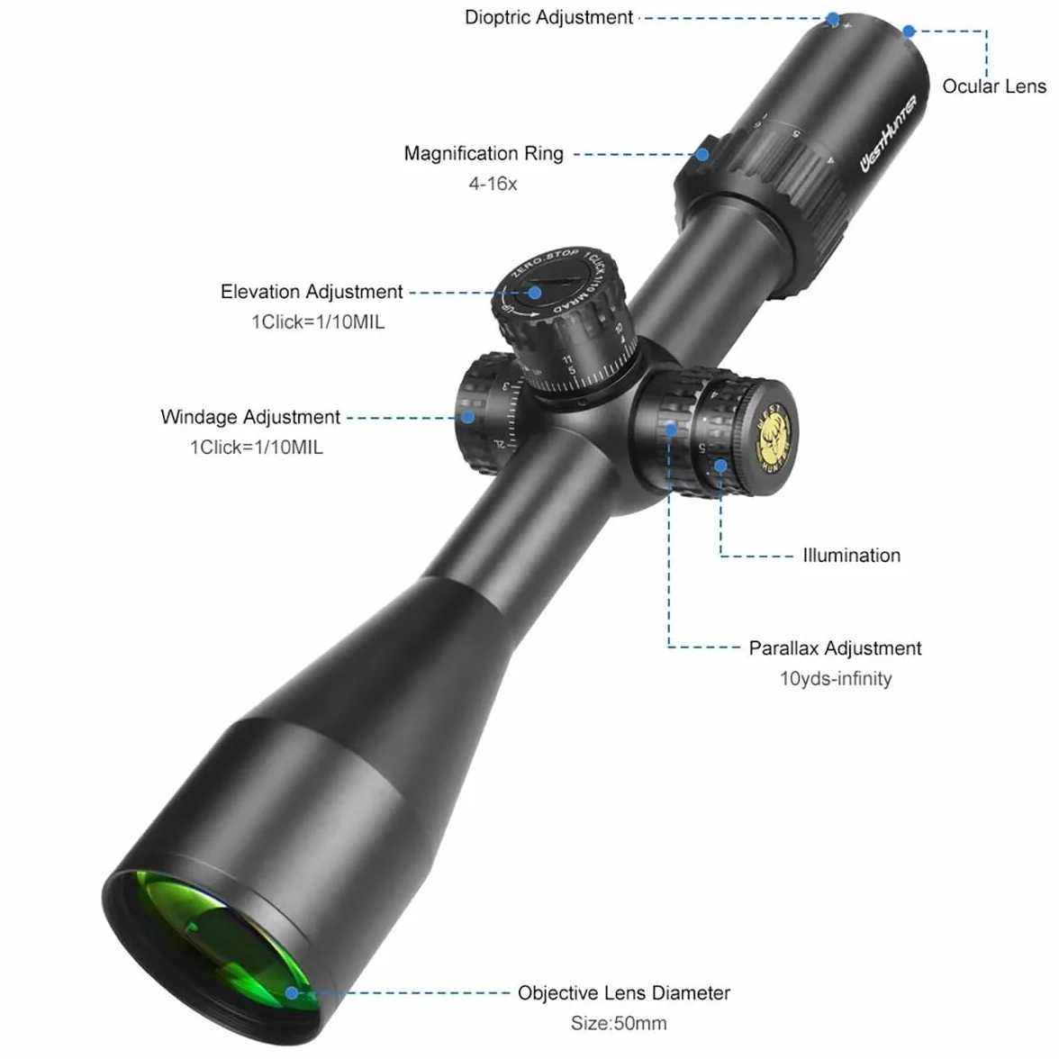 WestHunter Optics HD GEN2 SFIR FFP Cannocchiale da competizione 30mm primo piano focale reticolo illuminato vetro inciso tattico 1/10 MIL Zero Stop