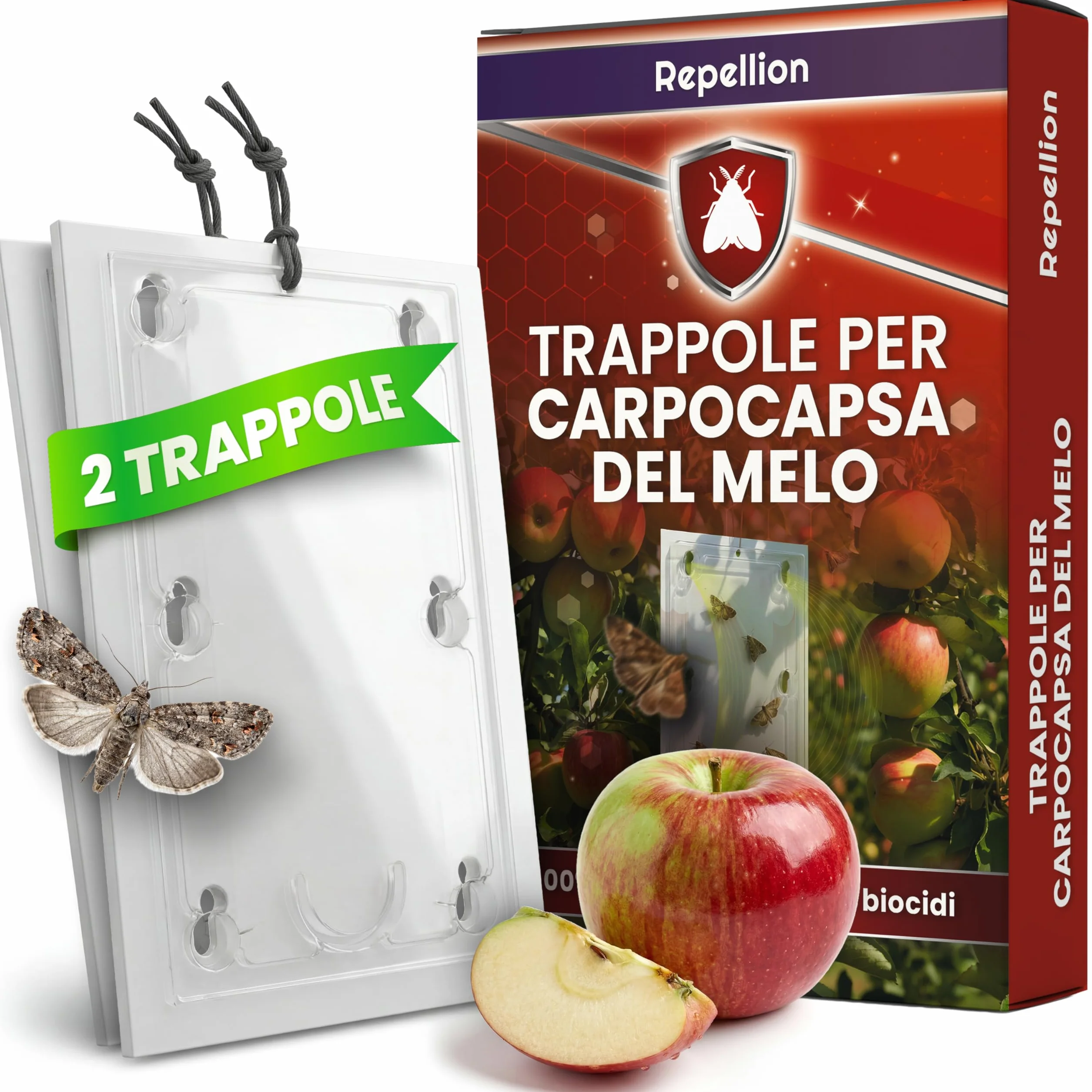 Trappola per feromoni per mele, set di 2 trappole per alberi da frutto, efficace trappola per avvolgere le prugne, protezione antitarme senza tossine per il melo, include attrattiva
