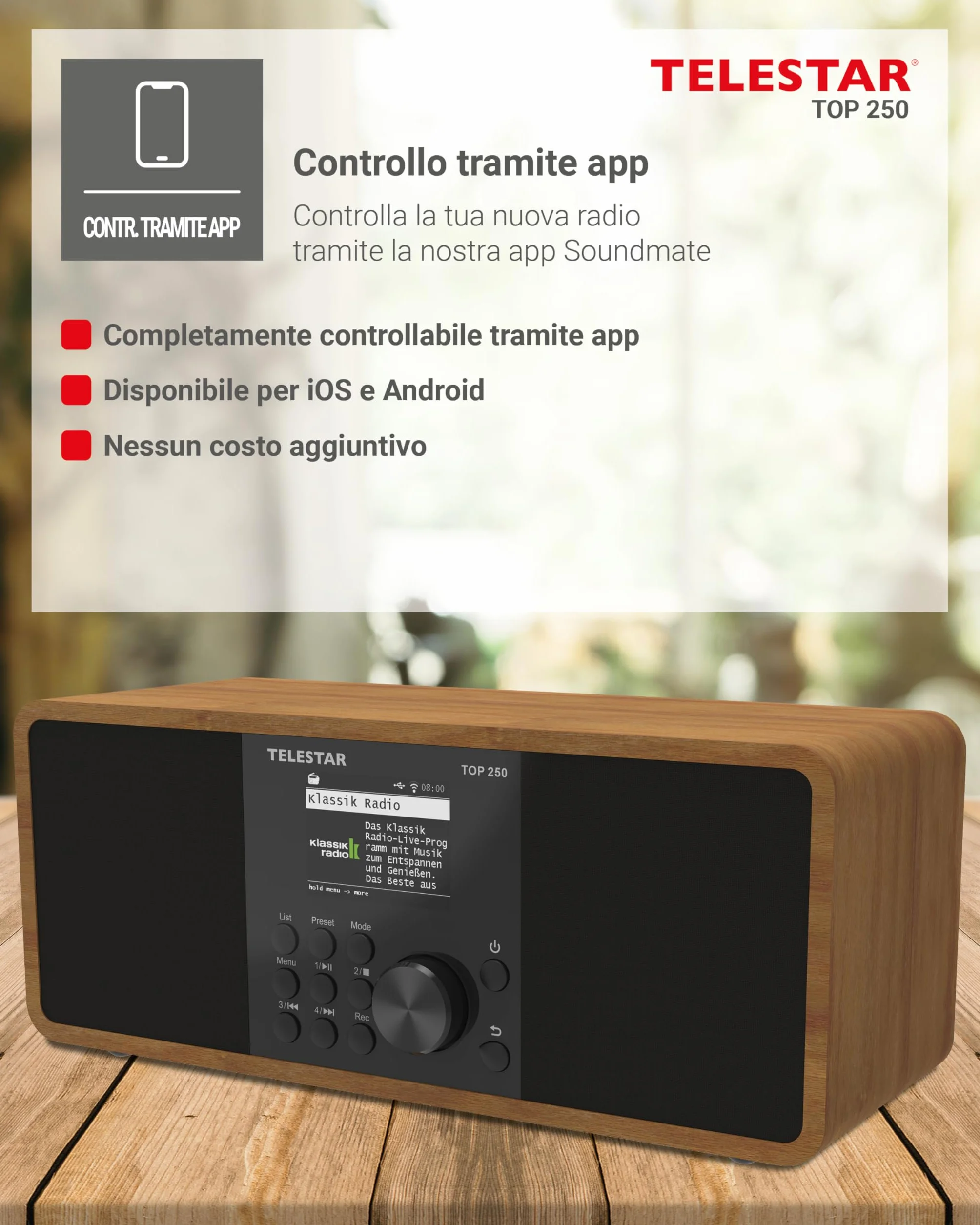 TELESTAR TOP 250 Radio DAB+ Internet Bluetooth Audio-Streaming 2x10W USB registrazione Legno