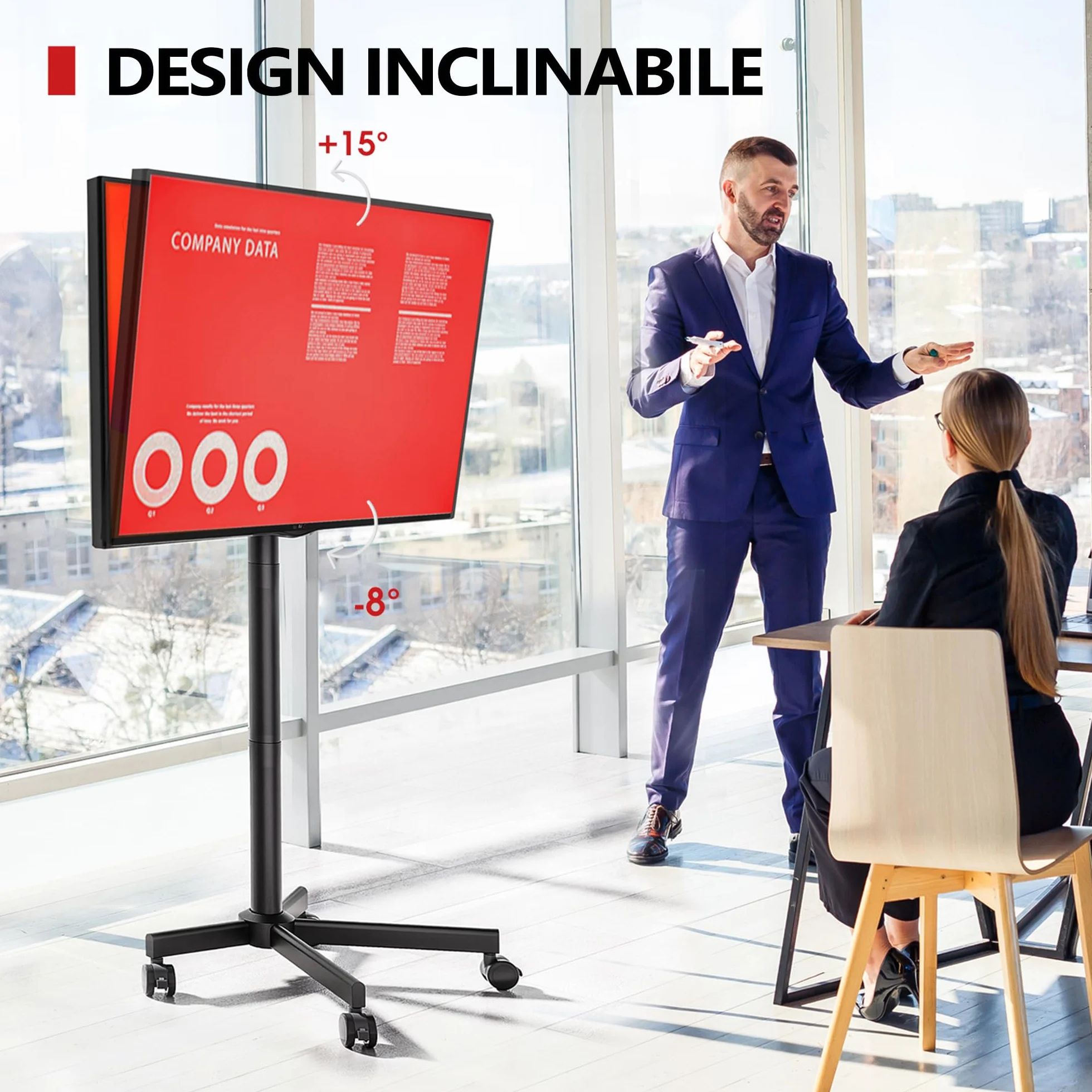 AOKCOS Carrello Porta TV 32-65 Cali, Supporto TV da Pavimento Regolabile, Inclinabile, VESA 400x400mm 40kg