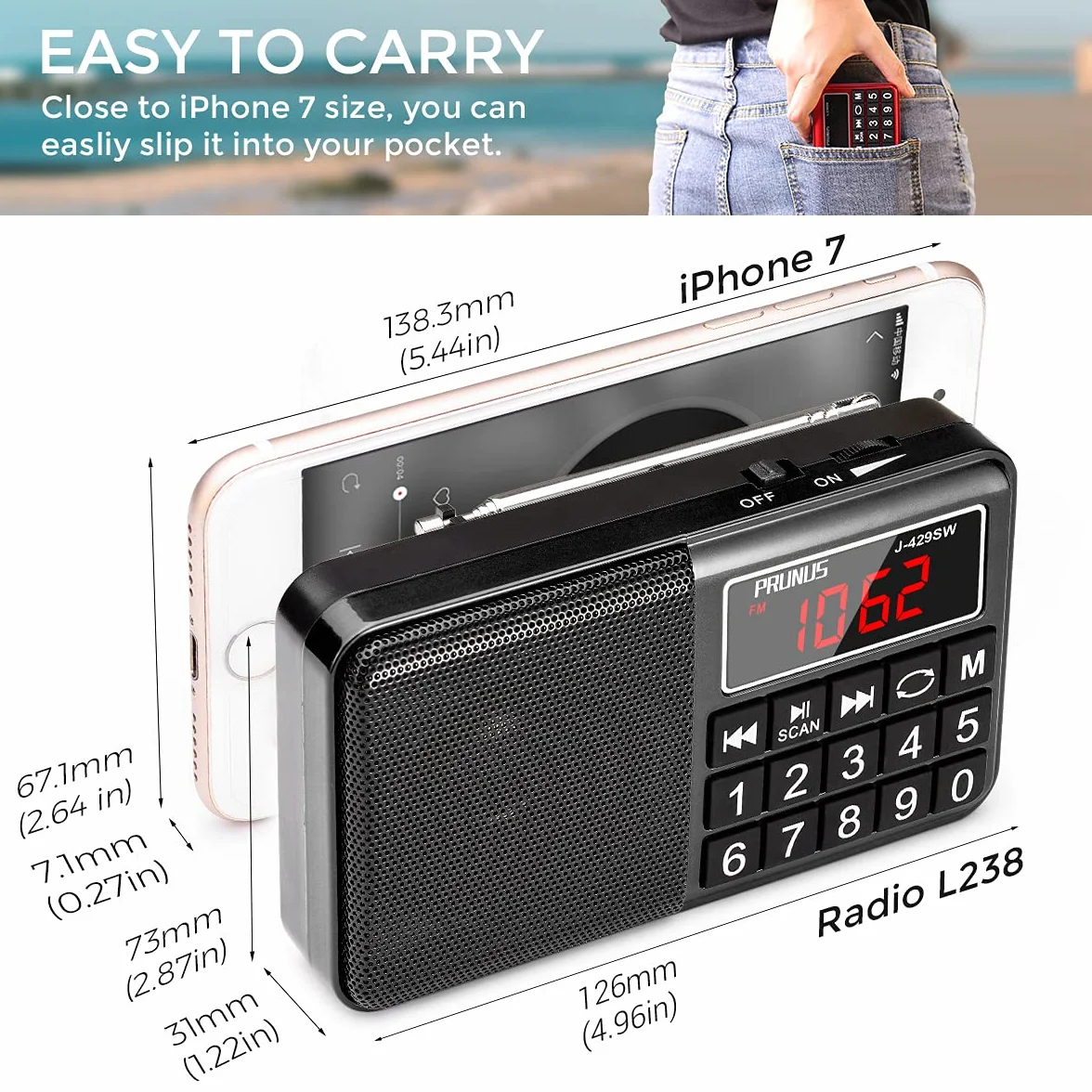 PRUNUS J-429 Radio Portatile FM/AM Ricaricabile con Ampio Display e Supporto USB/AUX/TF Card, Nero