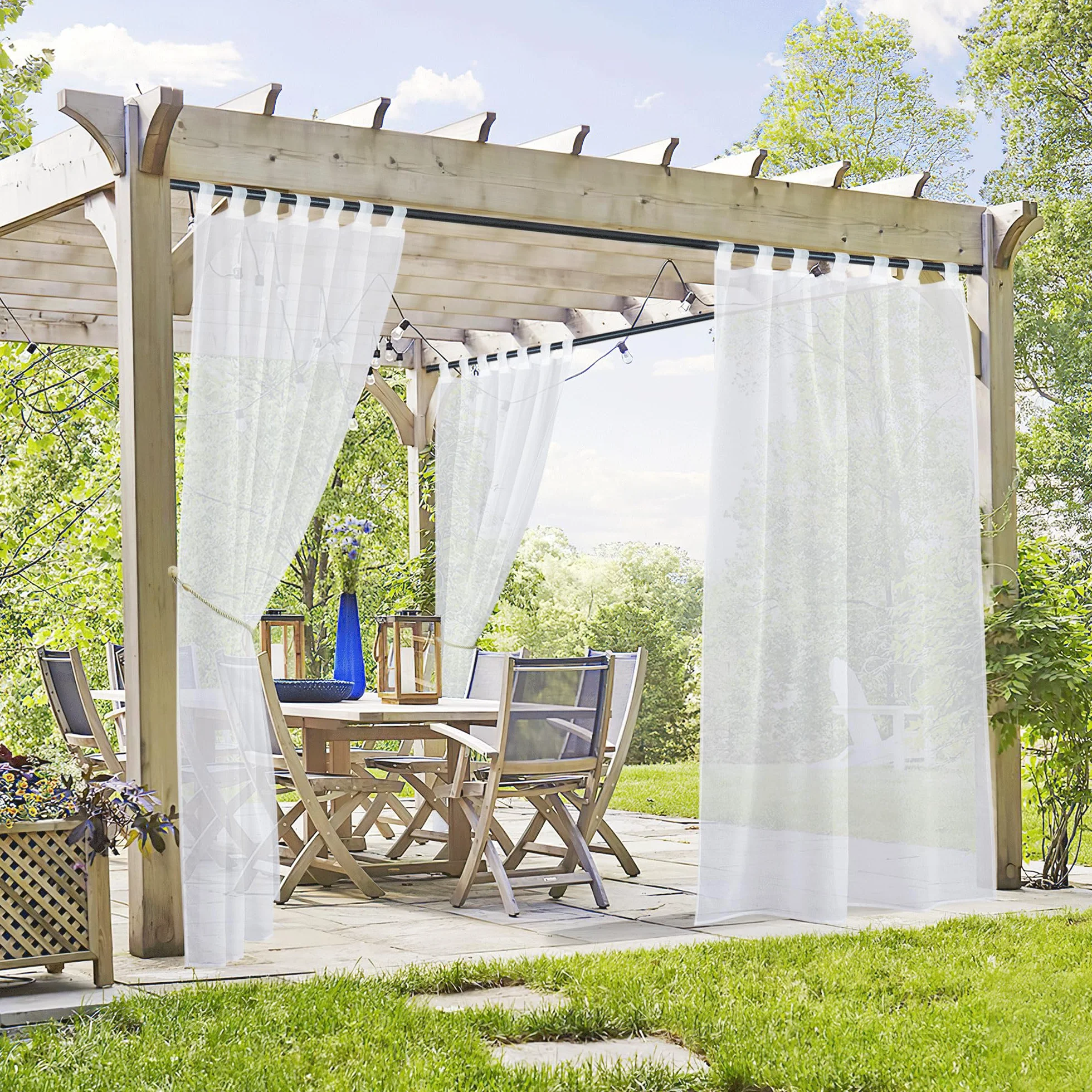 PONY DANCE Tende per Esterno con Passanti Adesivi Tende Bianche Trasparenti per Gazebo Impermeabile Decorazioni Voile Curtains per Gazebo e Balconi 2 Pezzi L137 x A274 CM