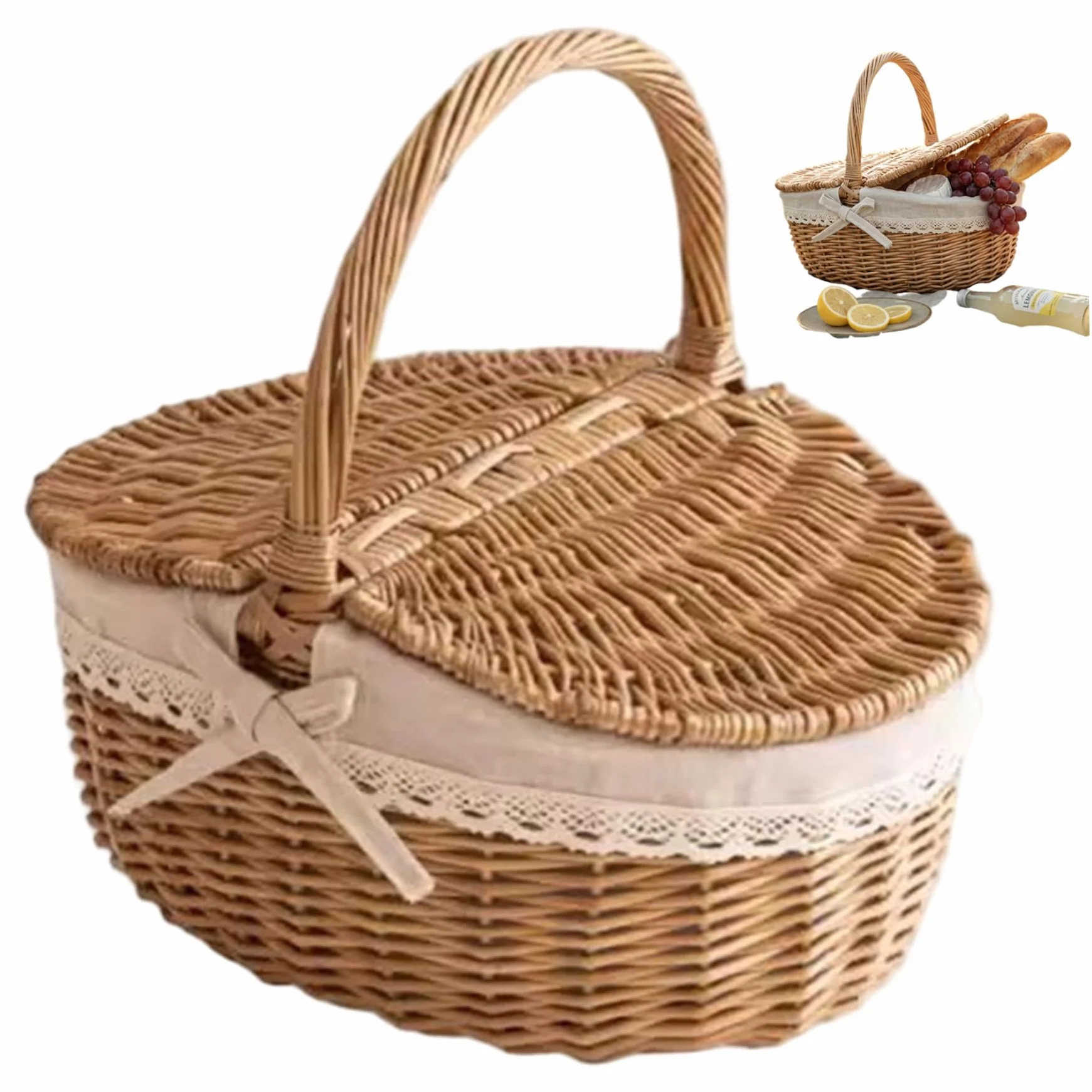 Cestino in vimini con coperchio, cestino da picnic coibentato, cesto portatile da campeggio e da pranzo all'aperto con fodera rimovibile, medio