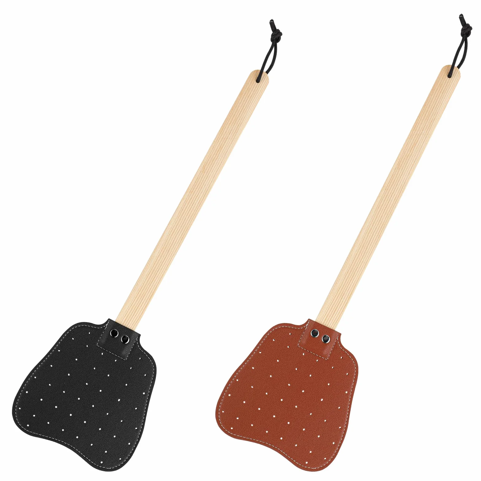 2pz Scacciamosche in Pelle, Scacciamosche Manuale Manico Lungo Legno con Corda Appesa Scacciamosche Pelle Resistente e Pratica Interni per Mosche Zanzare Api(Nero, Marrone)