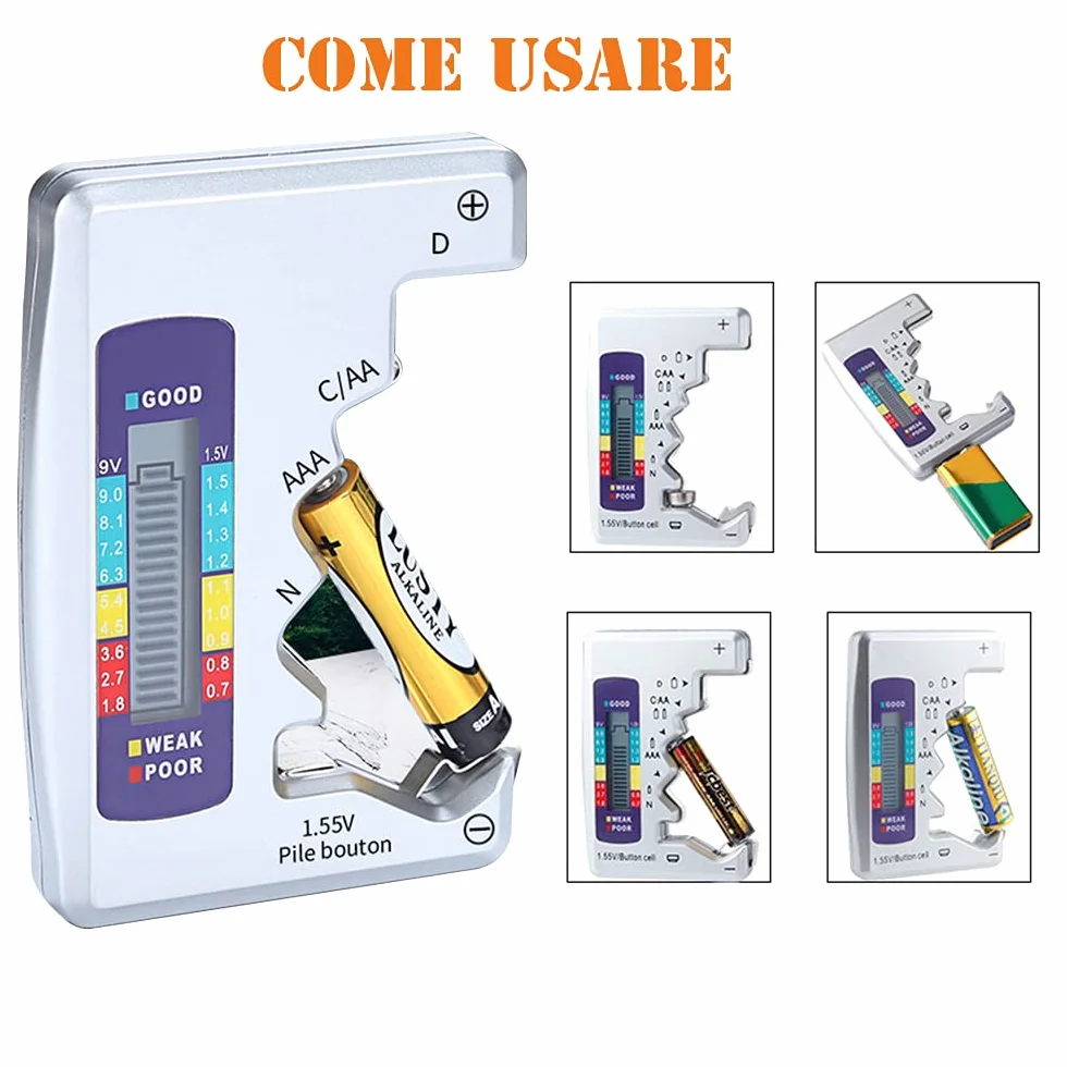 Tester Batterie Digitale con Display LCD per Batterie Universale AA AAA C D 9V 1.5V