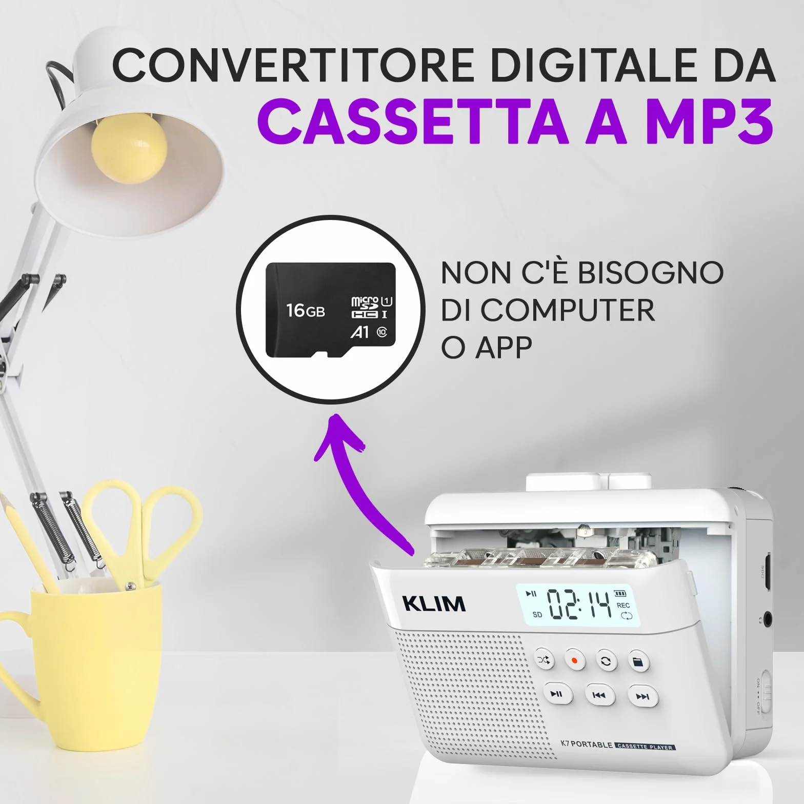 K7 Cassette Player Convertitore Cassette MP3 Lettore Audio Portatile Microfono Altoparlante Incorporati Batteria Ricaricabile Scheda SD 16 GB Bianco