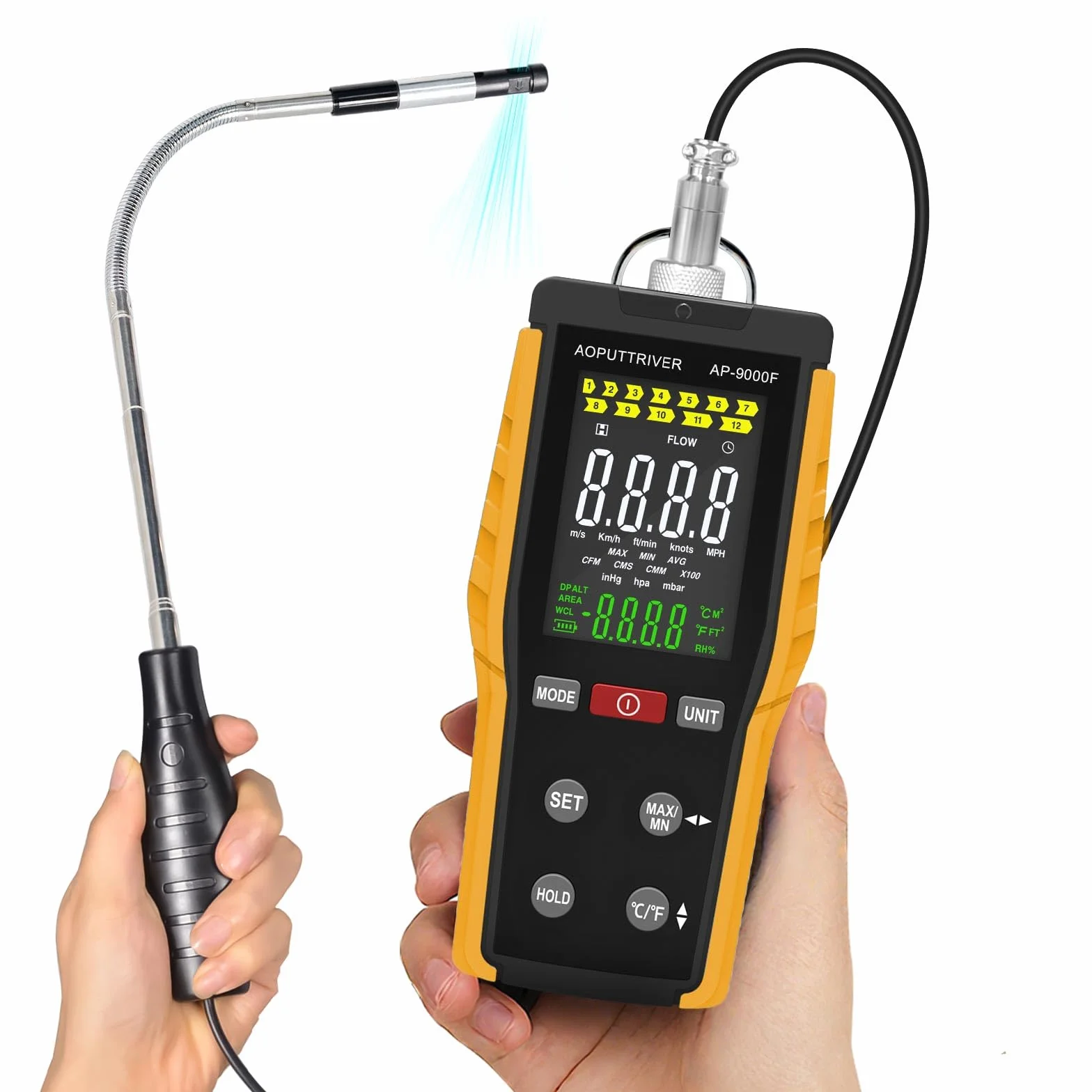 Anemometro Portatile, Misuratore di Vento HVAC Anemometro a filo Caldo con Velocità del Vento e Velocità del Flusso d'aria 0,1-30 m/s CFM/CMM Flusso del Vento 0-999900 MAX/MIN/AVG Temperatura e Displa