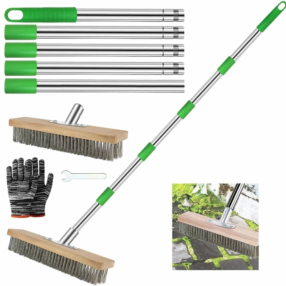Scopa Metallica Per Giardino Con Manico 190cm, Filo Metallico 30cm - Per Rimuovere Erbacce, Muschio e Macchie Ostinate - Spazzola Esterni Per Patio, Terrazza