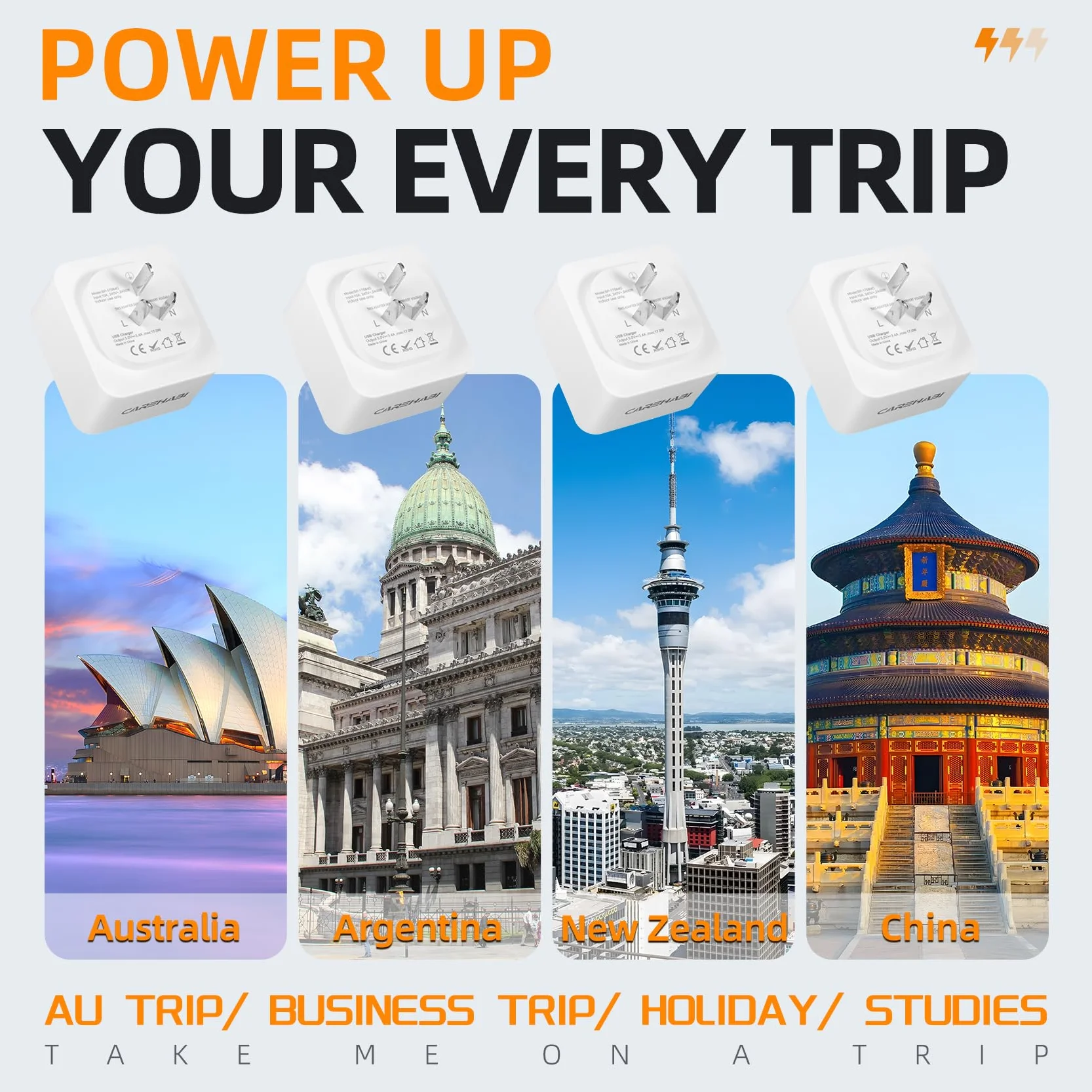 Adattatore di viaggio Australia Cina Italia 3 USB C + 1 USB-C per Nuova Zelanda Argentina