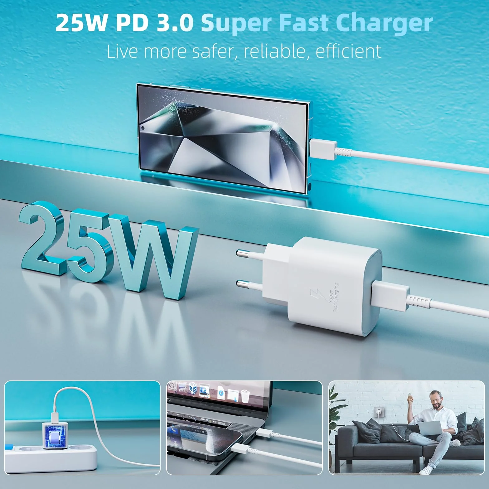 Samsung 25W Caricatore Rapido USB C con Cavo 2M per Galaxy A15/A14/A13/A25/A33/A34/A40/A53/A52/A54/A55/S25/S24/S23/S22 Ultra/S21/S20 FE/S10
