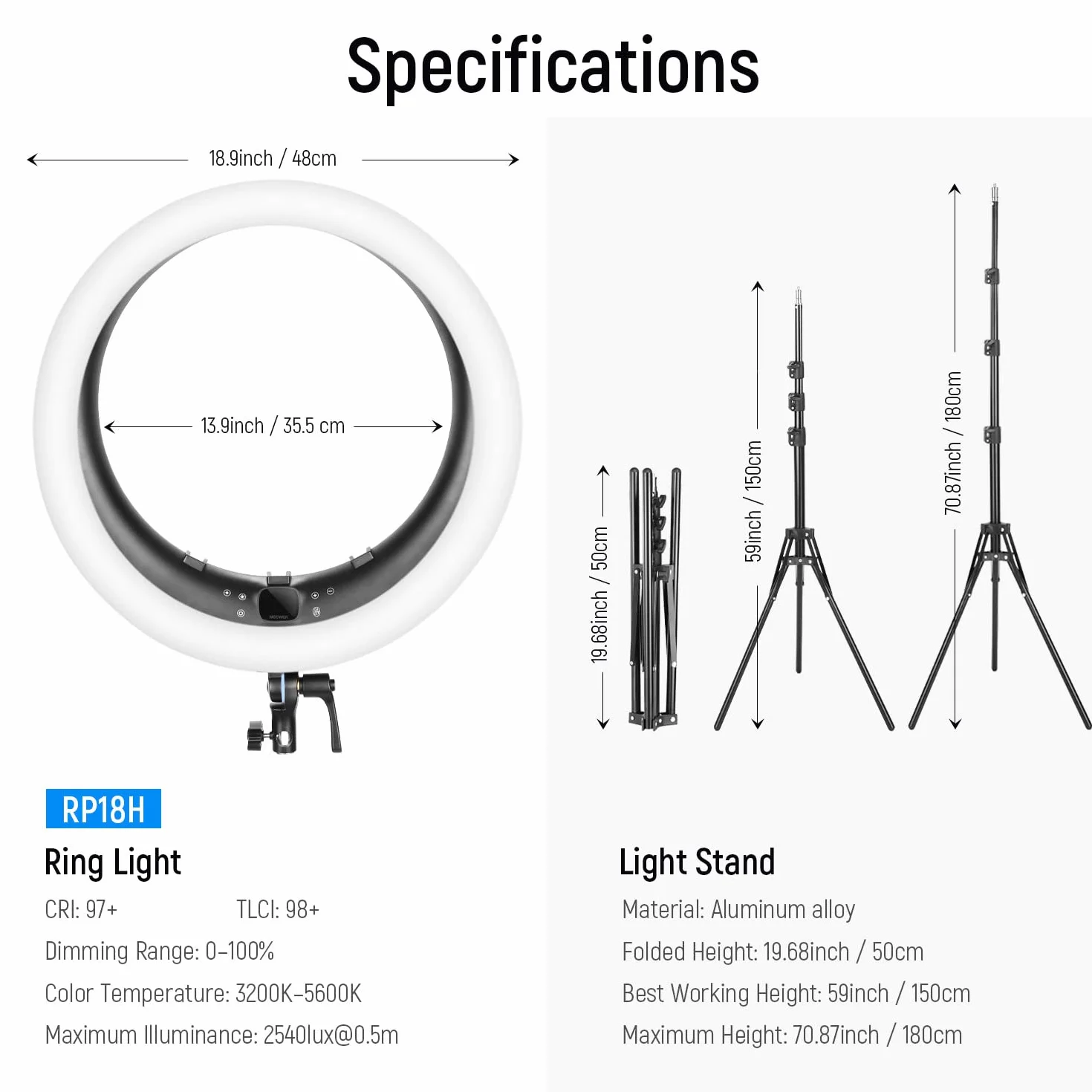NEEWER Ring Light RP19H 19" 42W CRI97+ 2540lux, Stativo e Portatelefono, Controllo 2.4G Touch, Illuminazione Streaming Zoom