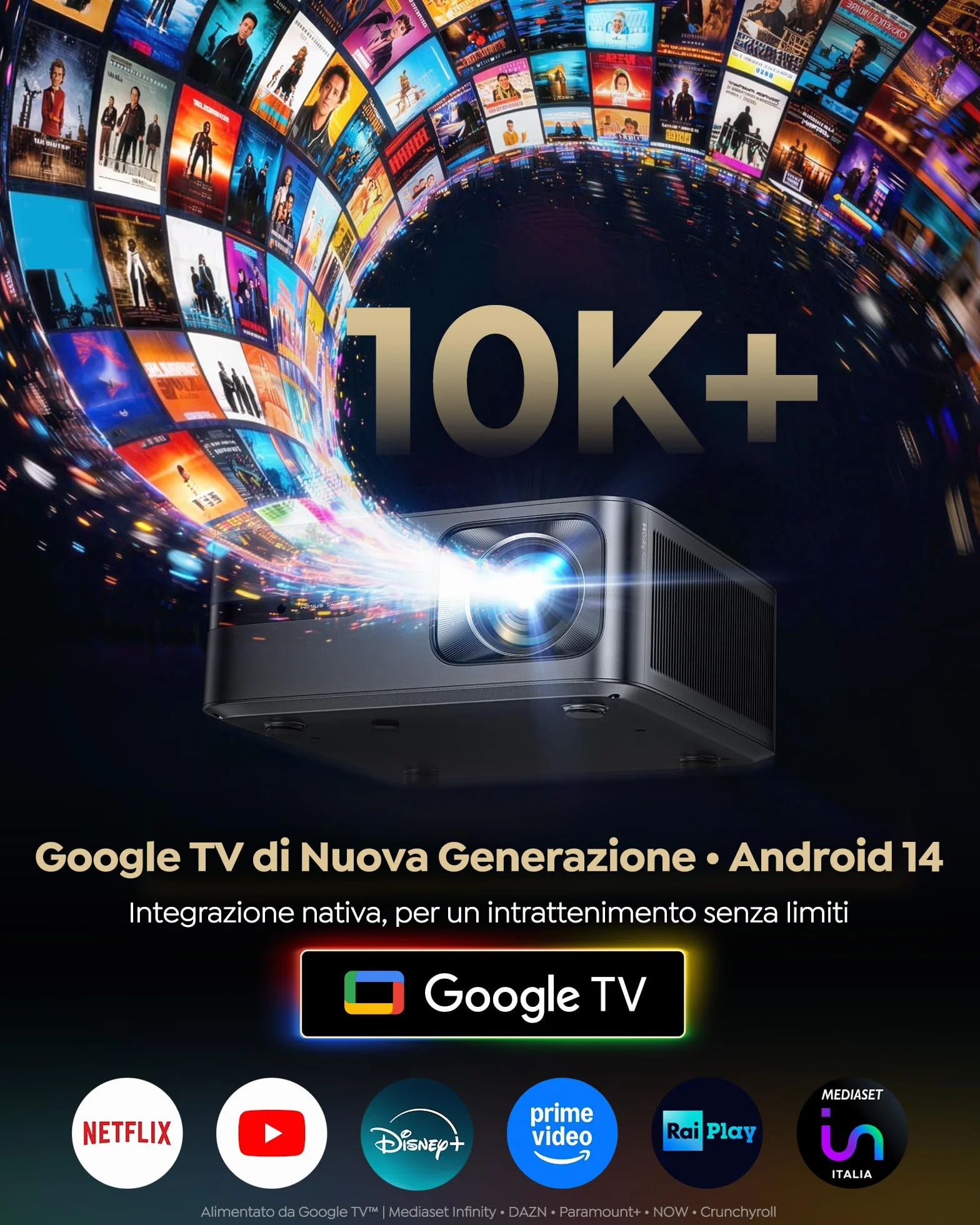 Wimius Proiettore 4K Smart TV 2+32GB Google TV 14.0 MEMC 2200 ANSI 44W Dolby AutoFocus 6D Keystone HDR10 Bluetooth WiFi