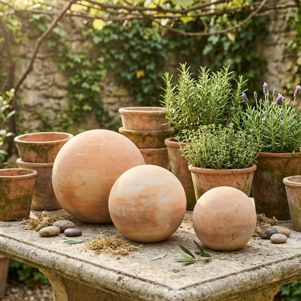 Sfera Decorativa da Giardino Set di 4 in Terracotta (10 cm, 15 cm, 20 cm e 30 cm) di Alta qualità Resistente al Gelo e alle intemperie. Ideale Come Decorazione da Giardino.