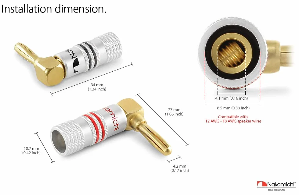Nakamichi connettori a banana 12-18 AWG 4 mm placcati in oro 24 K 4 pezzi spine angolate