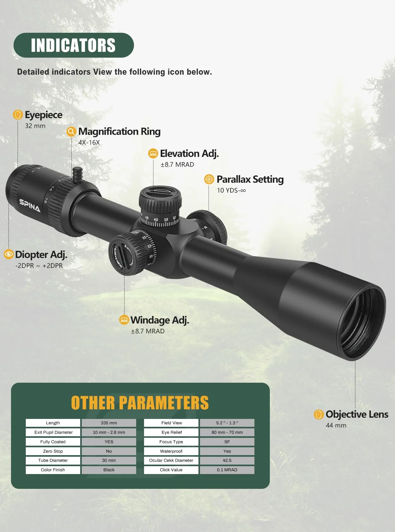 SPINA OPTICS 4-16x44 II Primo cannocchiale a piano focale MRAD