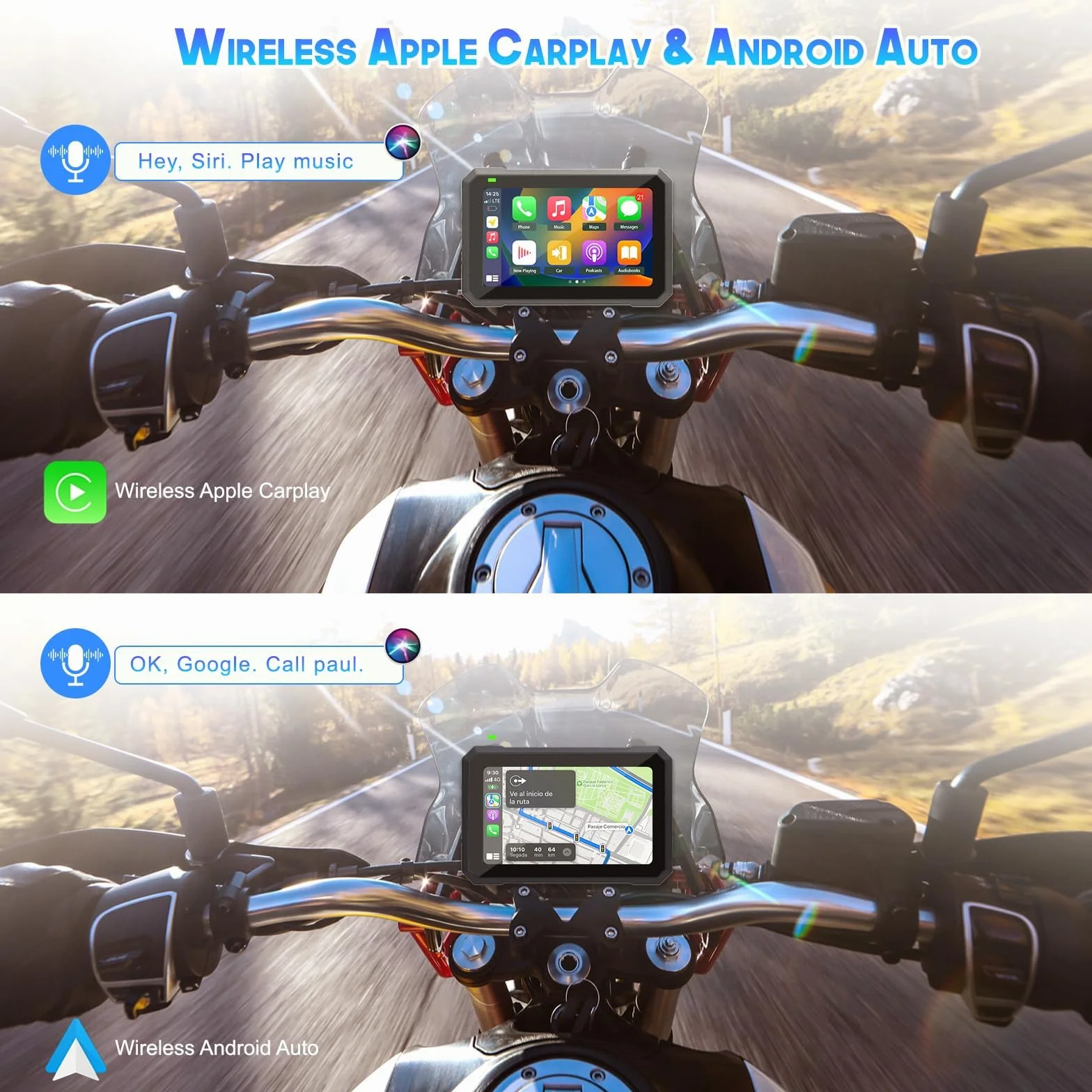KAOLALI Senza Fili Schermo Carplay per Moto 7 Pollice IPS Touchscreen Portatile Impermeabile IPX7 Navigazione GPS
