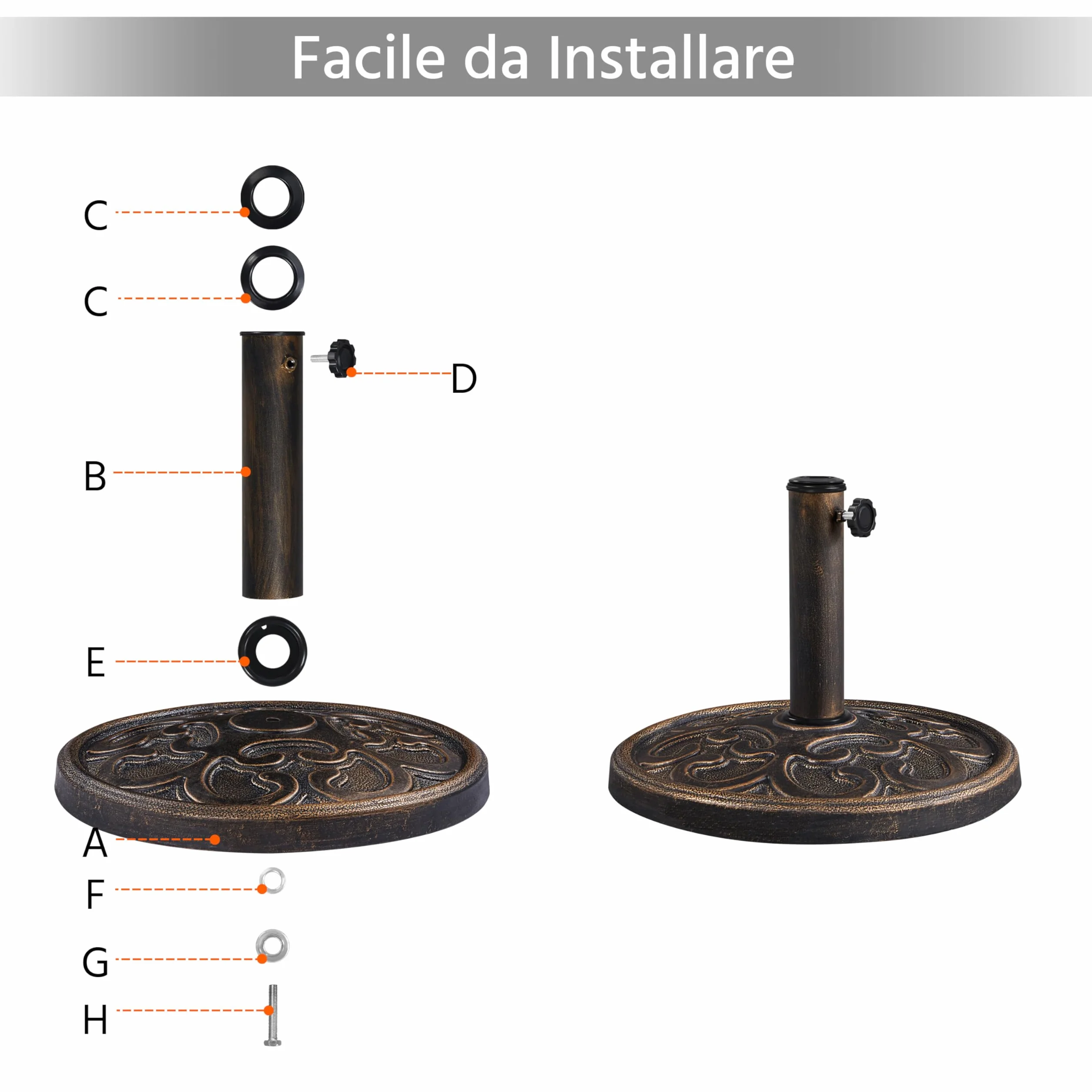 Yaheetech Base per Ombrellone da Giardino in Resina e Metallo Supporto 10 kg per Pali da Ø38mm e Ø48mm con Effetto in Ghisa Esterno Veranda Terrazza Piscina Spiaggia Patio Bronzo