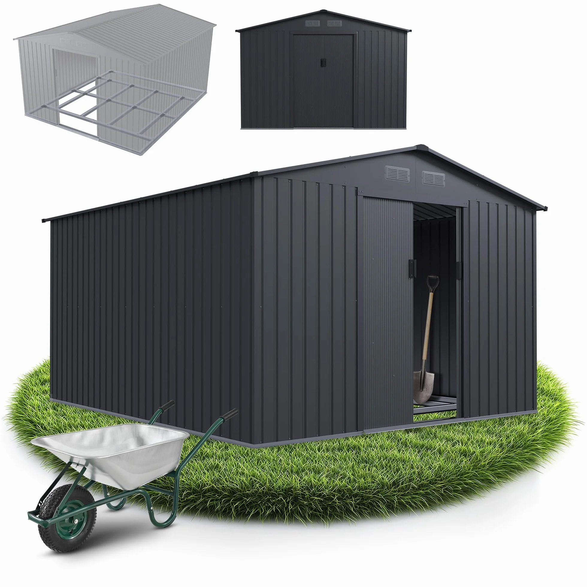 Juskys casetta in metallo XXL – grigio scuro, resistente alle intemperie con telaio di fondazione, porta scorrevole & chiudibile – per giardino & ripostiglio