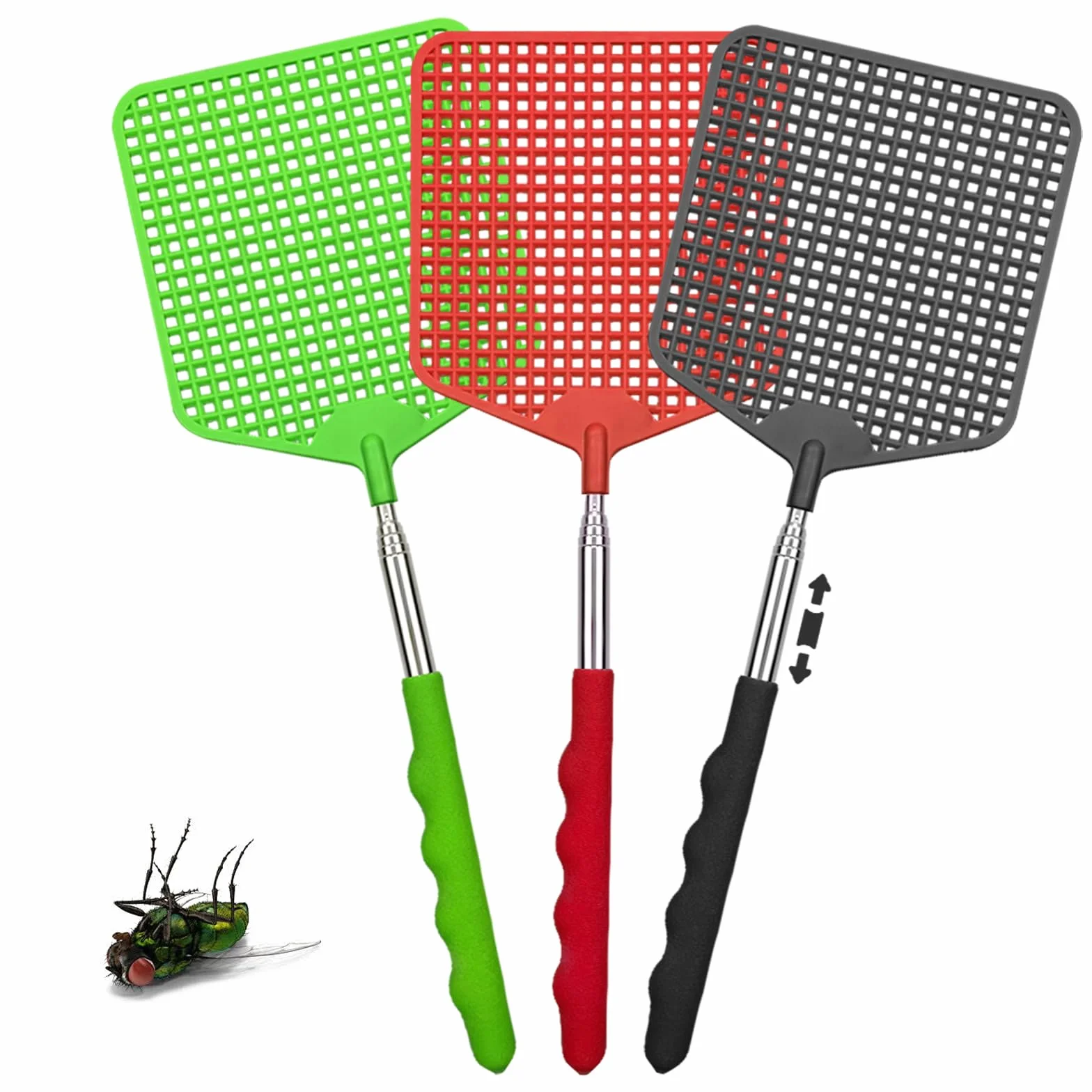 3 Pezzi paletta mosche,Estensibile Colorato Manuale Paletta Mosche,Portatile Scacciamosche Plastica,Paletta Mosche con Manico in Acciaio Inossidabile,per Mosche,Zanzare e Insetti(Negro,Verde,Rosso)