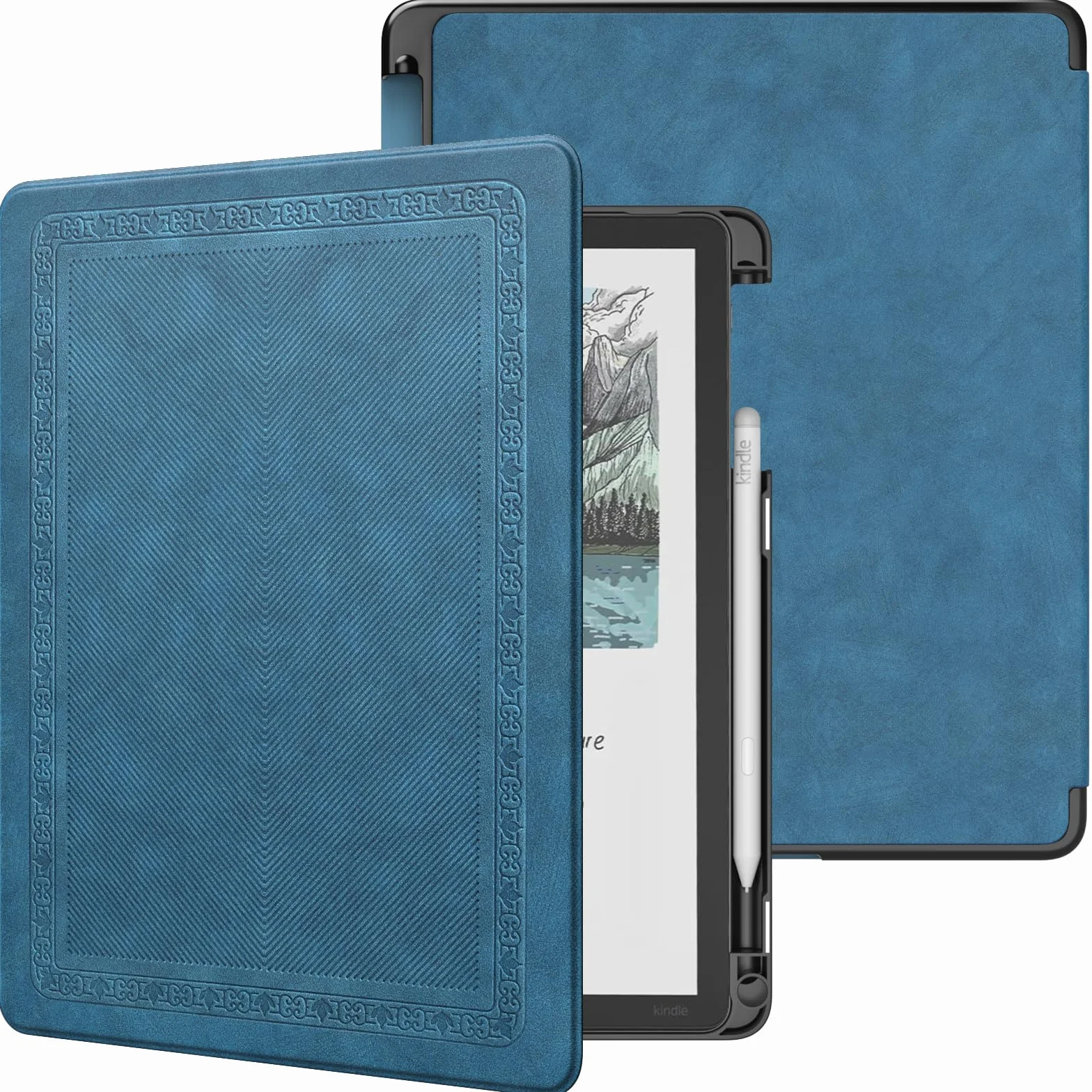 MoKo Custodia con Portapenna per Kindle Scribe 11" 3a Gen 2025 e Colorsoft 1a Gen 2025, Leggera Custodia a Conchiglia con Auto Sonno/Sveglia, Twill Vintage Blu