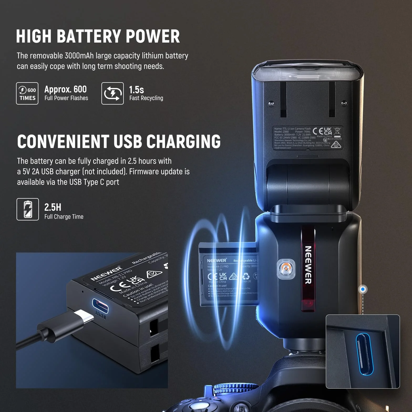 NEEWER Z880-N Flash Speedlite i-TTL 2,4G 76Ws Compatibile Nikon HSS 1/8000s 7,2V 3000mAh 600 Flash