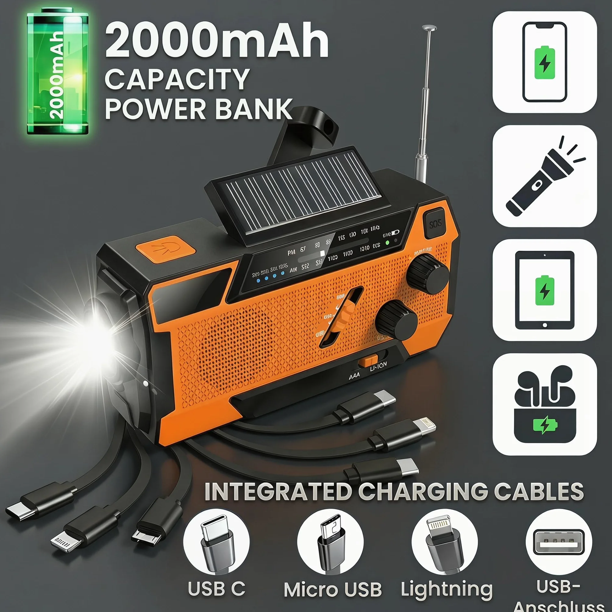 Radio di Emergenza a Manovella con Pannello Solare, Powerbank 2000mAh, Torcia LED SOS