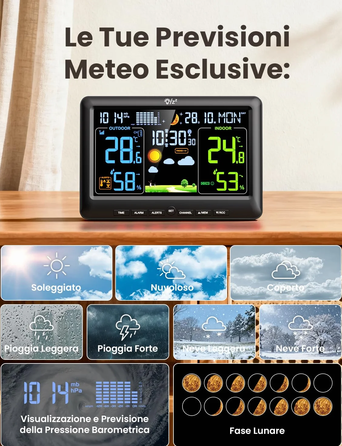 LIORQUE Stazione Meteo con Sensore Esterno Display a Colori Fase Lunare Previsioni Meteo Data Retroilluminazione Regolabile Igrometro Barometrico Sveglia