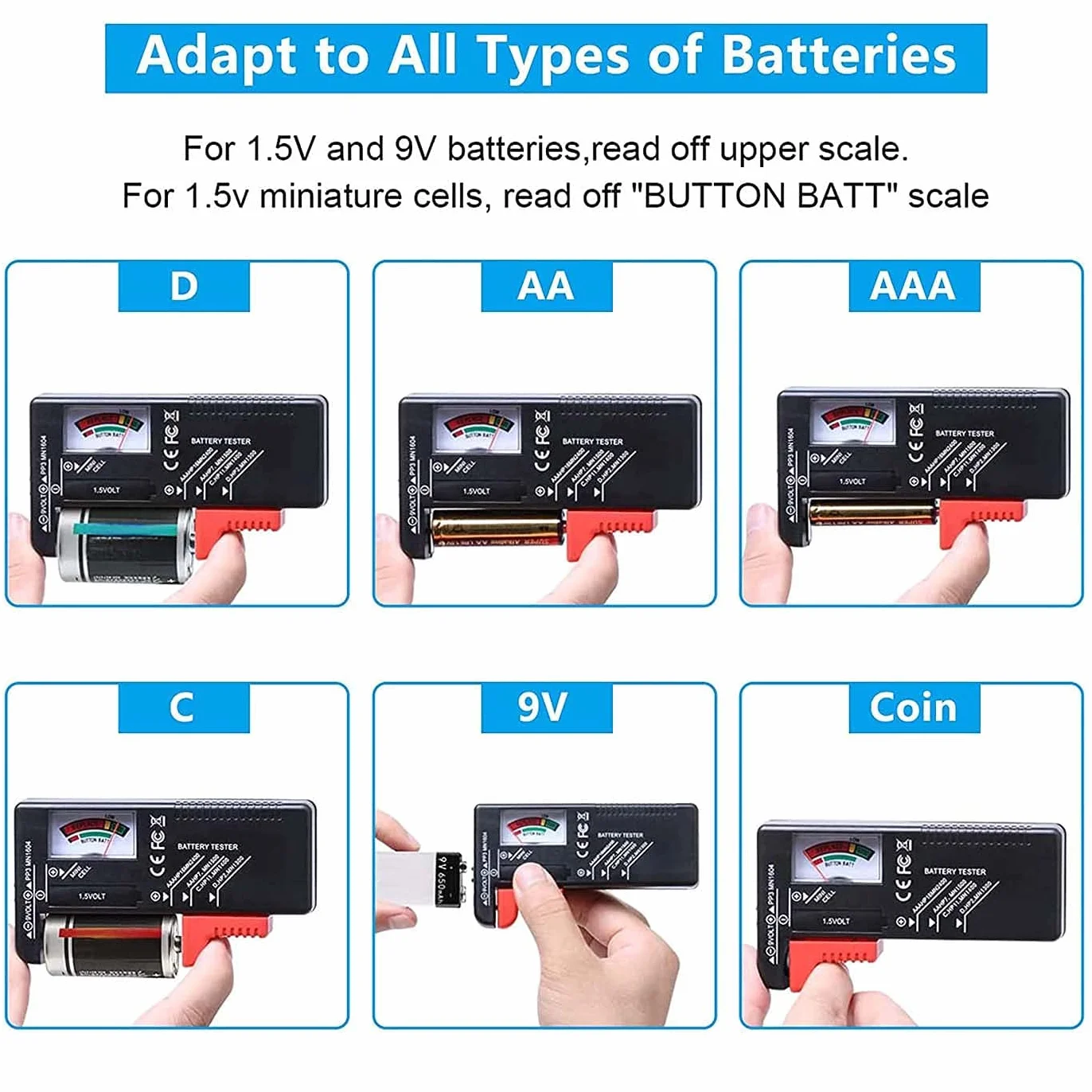 Tester per Volt per batterie AA AAA C D 9V 1,5V