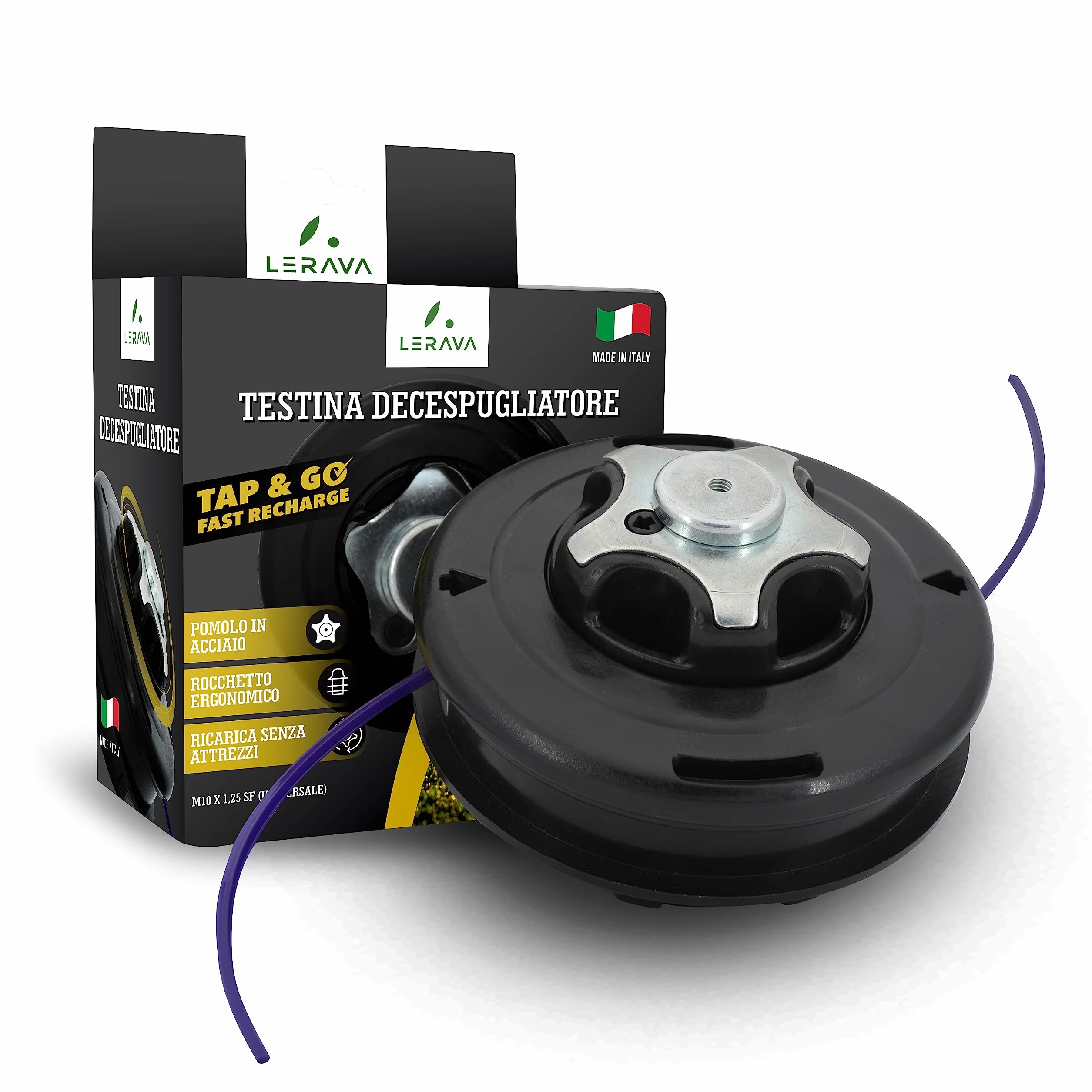 LERAVA® Testina Decespugliatore batti e Vai - M10x1,25 - Testina decespugliatore con Pomolo in Acciaio - Accessori batti e Vai - Dado per Stihl, Echo, Efco - 100% Made in Italy