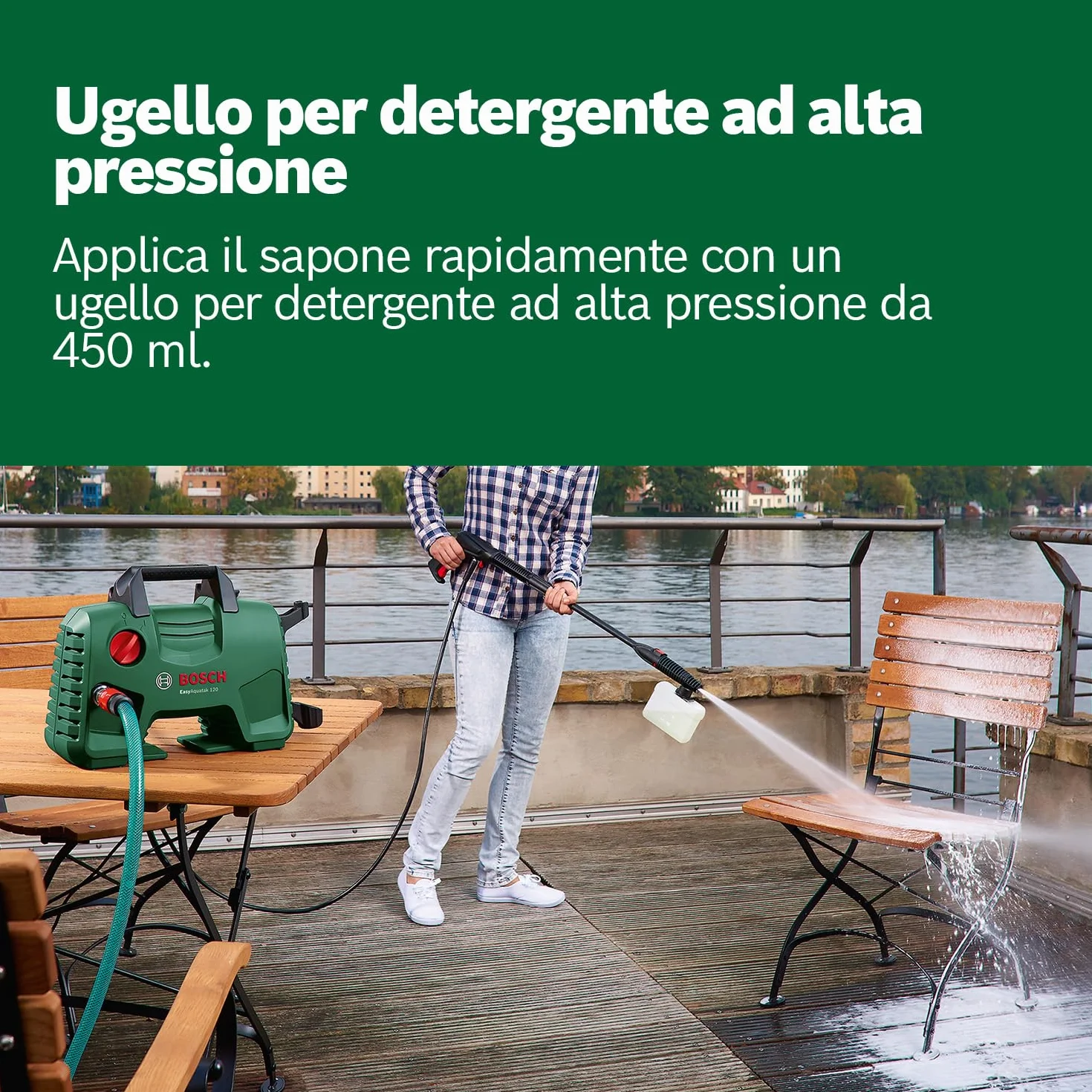 Bosch Home and Garden 06008A7901 Idropulitrice 3 Ugelli, Alta Pressione, Filtro Trasparente, Verde Nero, Cavo e Tubo Flessibile 5 m, 350 L/h, 40.10 x 37.60 x 20.20 cm