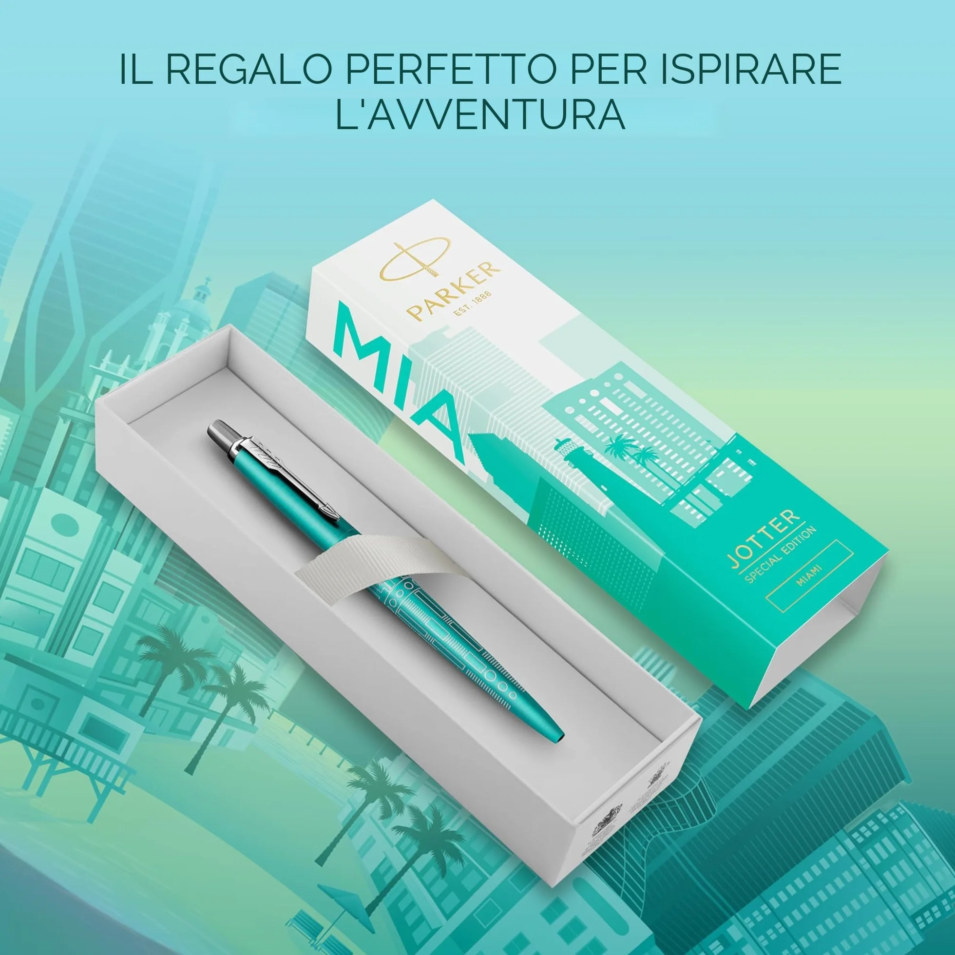 Parker Jotter Penna a sfera Edizione speciale Miami Turquoise puntale cromato Punta media Inchiostro blu Confezione regalo