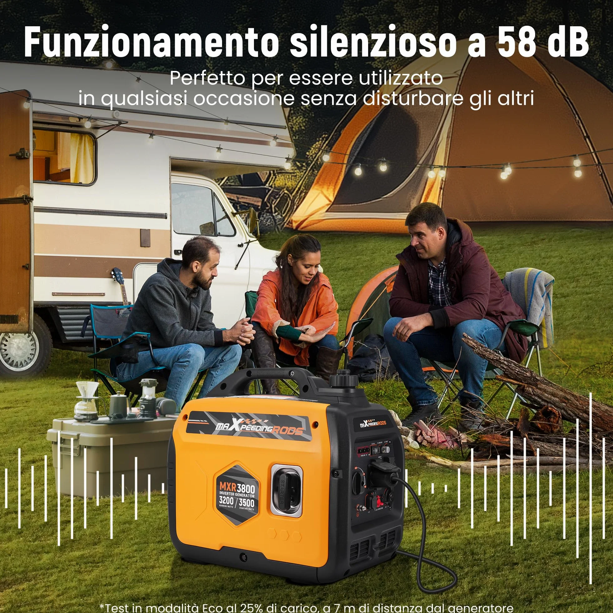 maXpeedingrods Generatore di Corrente 3500W, Portatile Generatore Inverter a Benzina 4 Tempi con 2 prese da 230 V / 2 USB / 1 presa da 12 V CC, Modalità ECO Per RV, Camper e Emergenze