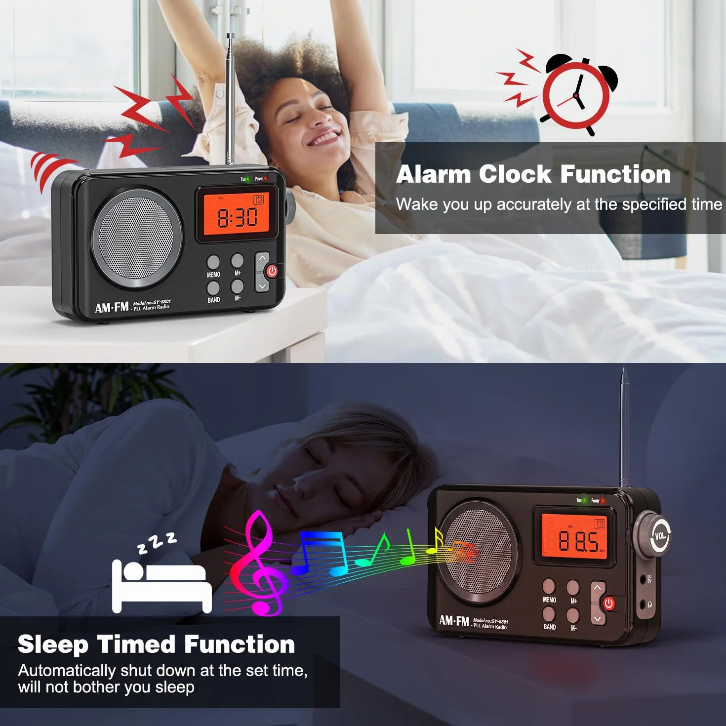 Tendak Radio Portatili FM/AM, Radiolina Portatile Piccola, Radio a Pile, Schermo Grande, Sveglia, Timer, Radio a Transistor Alimentata via USB - Nero