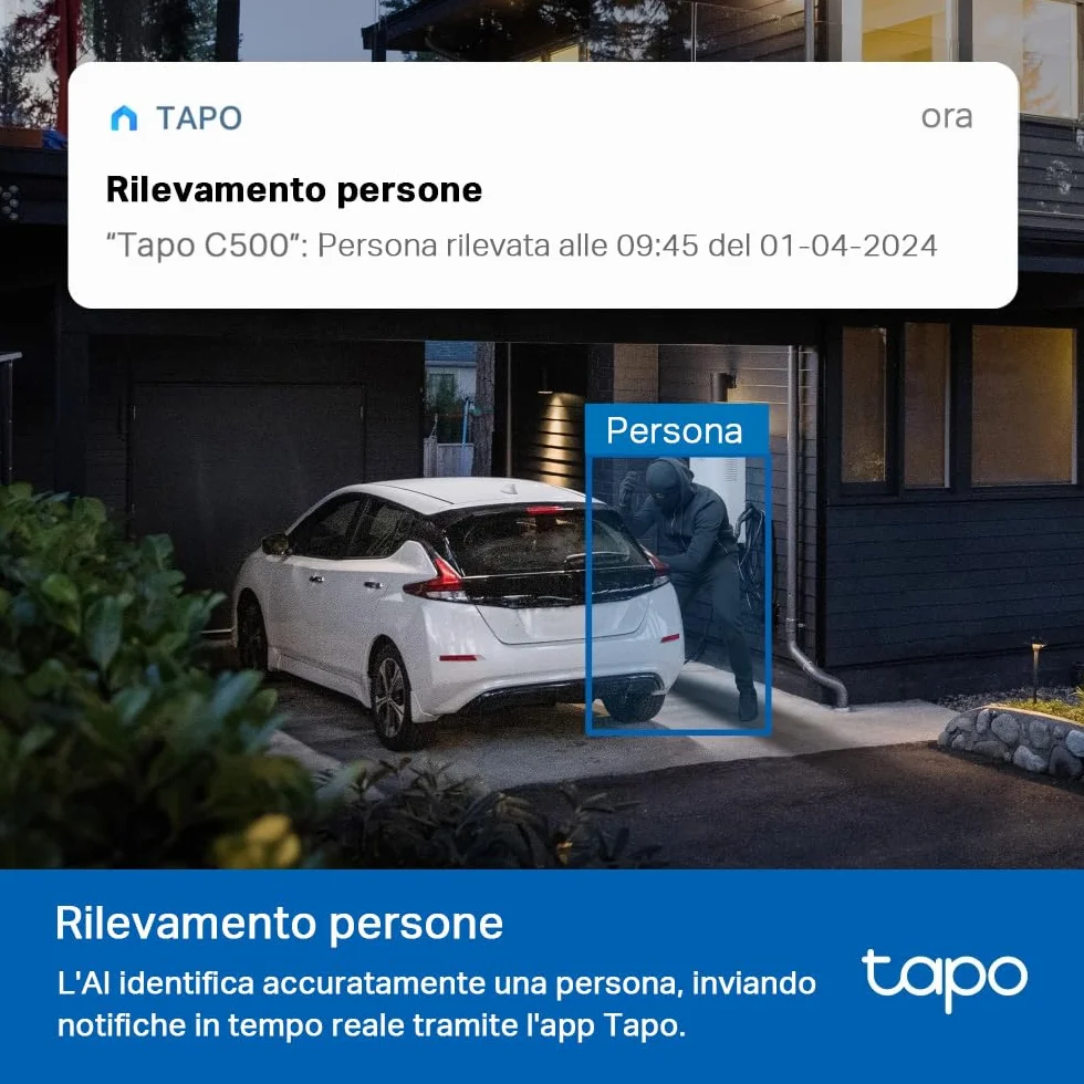 Tapo C500 Telecamera Wi-Fi Esterno FHD 360° IP65 Visione Notturna a Colori Rilevamenti Smart AI
