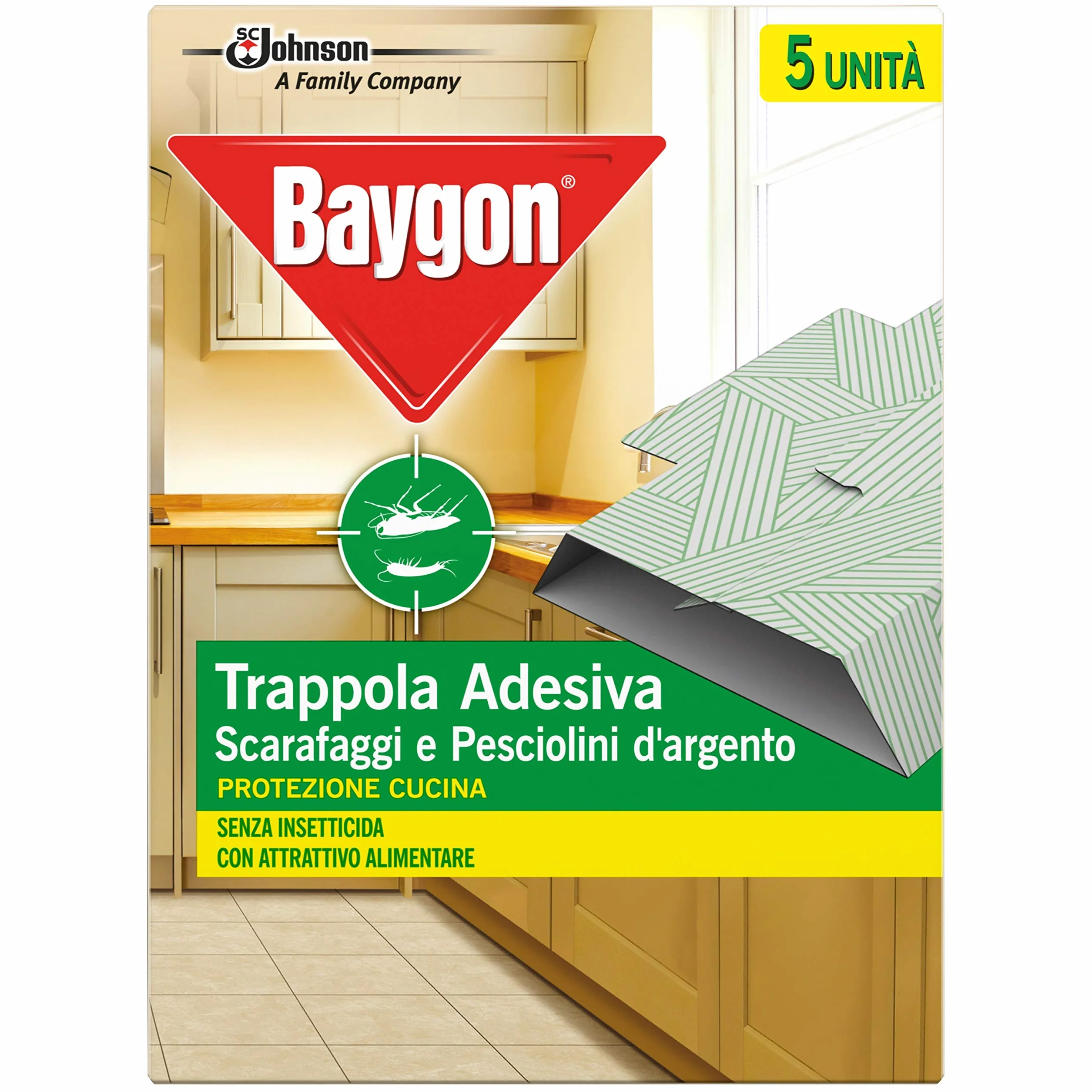 Baygon Trappola Adesiva, Efficacie contro Scarafaggi e Pesciolini d'Argento, Protezione per la Cucina, 1 Confezione da 62.5 g