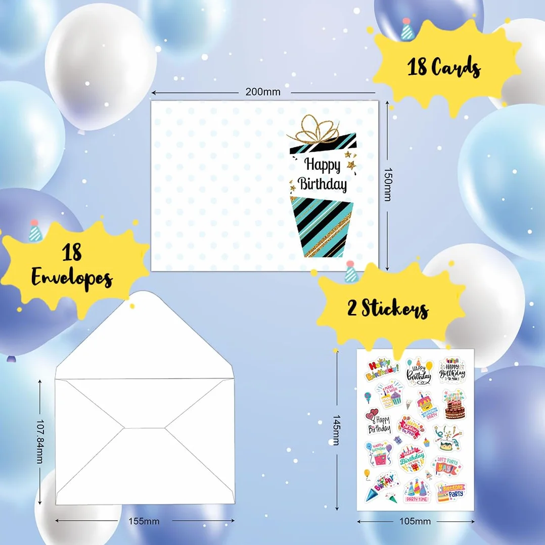 Biglietti Auguri Compleanno Premium 18 Pezzi con Buste e Adesivi