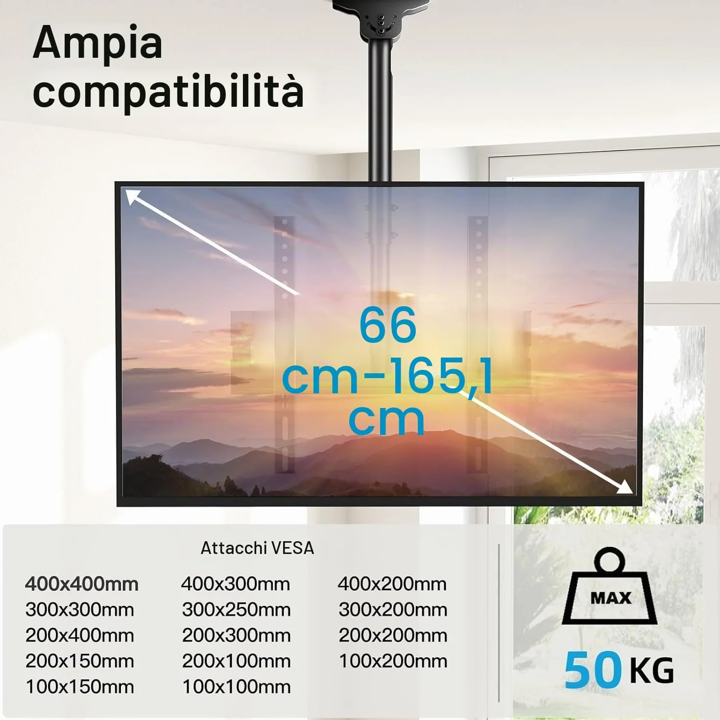 Supporto per TV da Soffitto Regolabile Girevole 26-65 pollici VESA 400x400mm 50kg