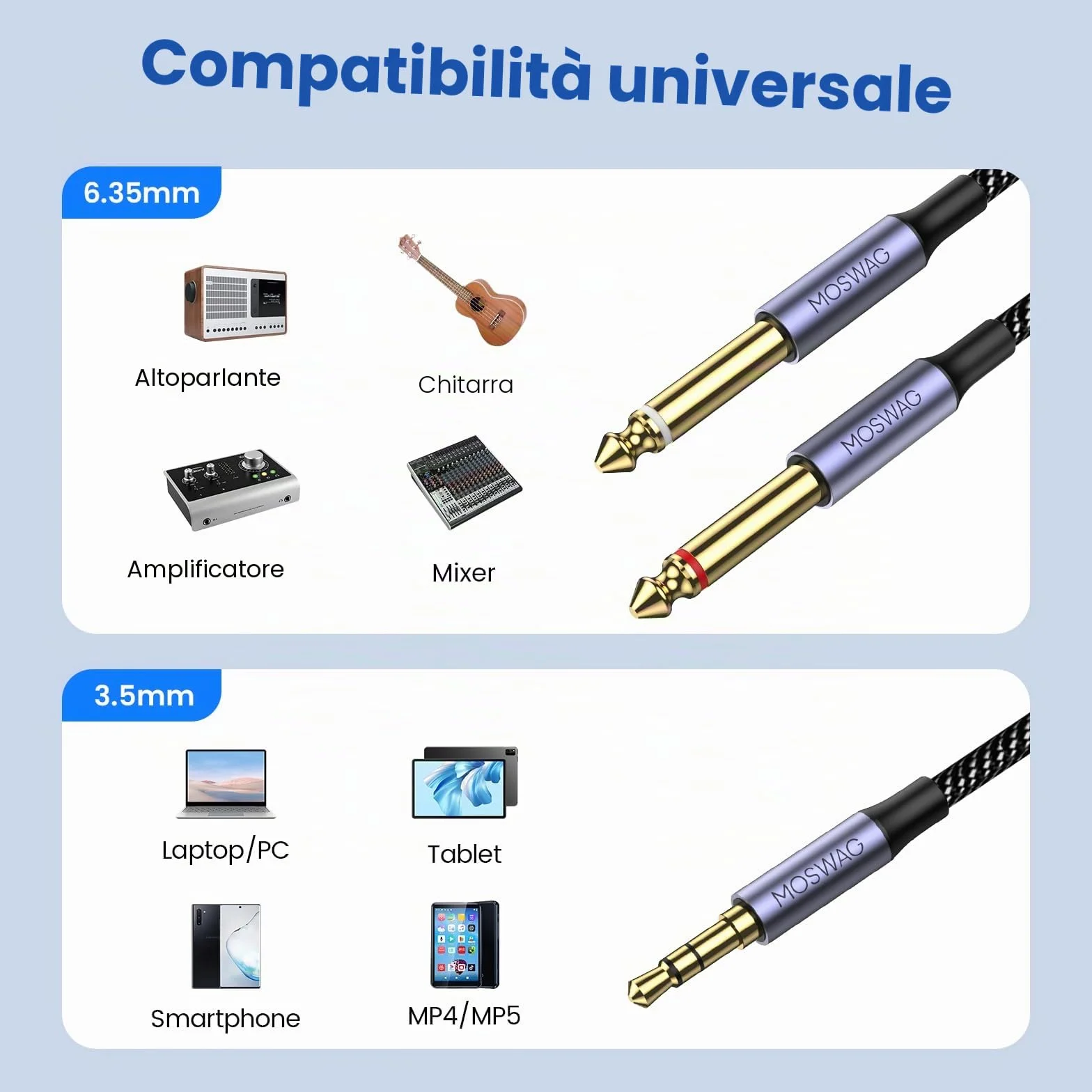 MOSWAG 6FT 3.5 mm to 2x 6.35 mm TRS TS Y Cable Splitter, Jack 3.5 to 2 Jack 6.35 for iPhone iPod Laptop Mixer