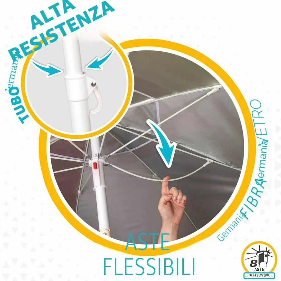 AKTIVE Grande ombrellone da spiaggia Ø200 cm antivento UV 50 palo 28-32 mm flessibile borsa
