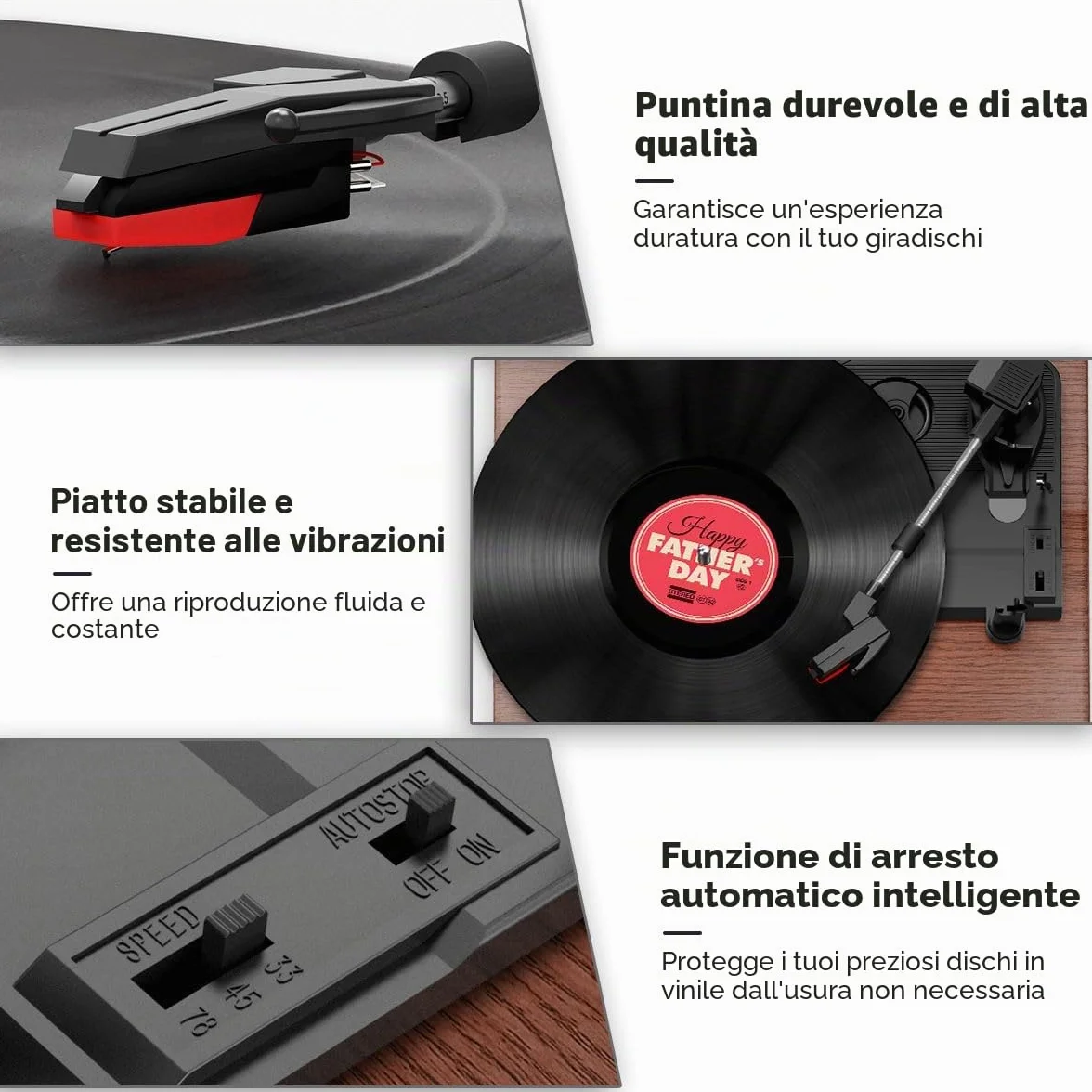 FYDEE Giradischi Vinile Vintage 3 Velocità 33/45/78 Giri Bluetooth Altoparlanti Integrati Auto-Stop RCA AUX Cuffie Mogano