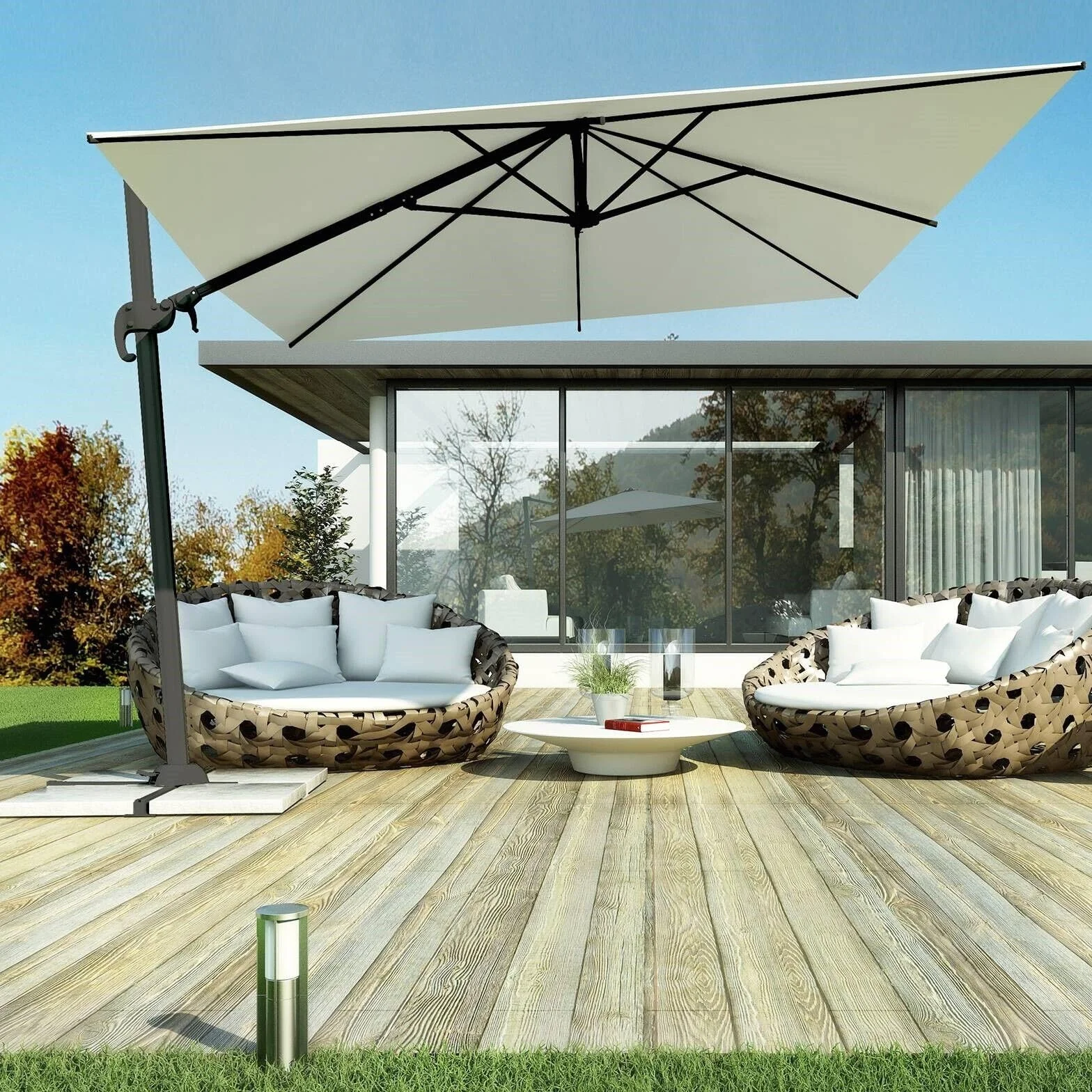 Megashopitalia Ombrellone da Giardino 3X3 MT Ecrù Base Decentrata Alluminio Telo Poliestere 250gr Impermeabile e Rotazione 360 gradi Piscina Giardino Terrazzo Bar Ristorante