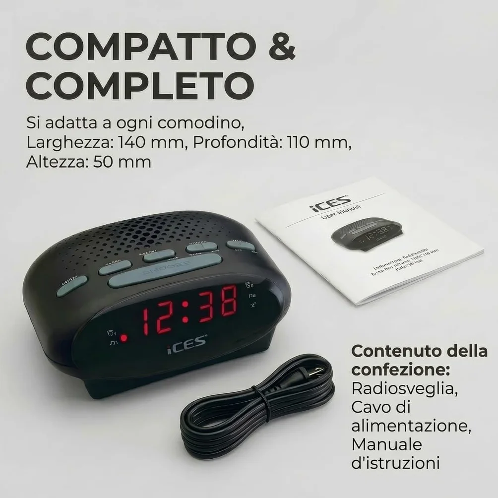 Ices ICR-210 Nero Radiosveglia FM PLL Design Moderno