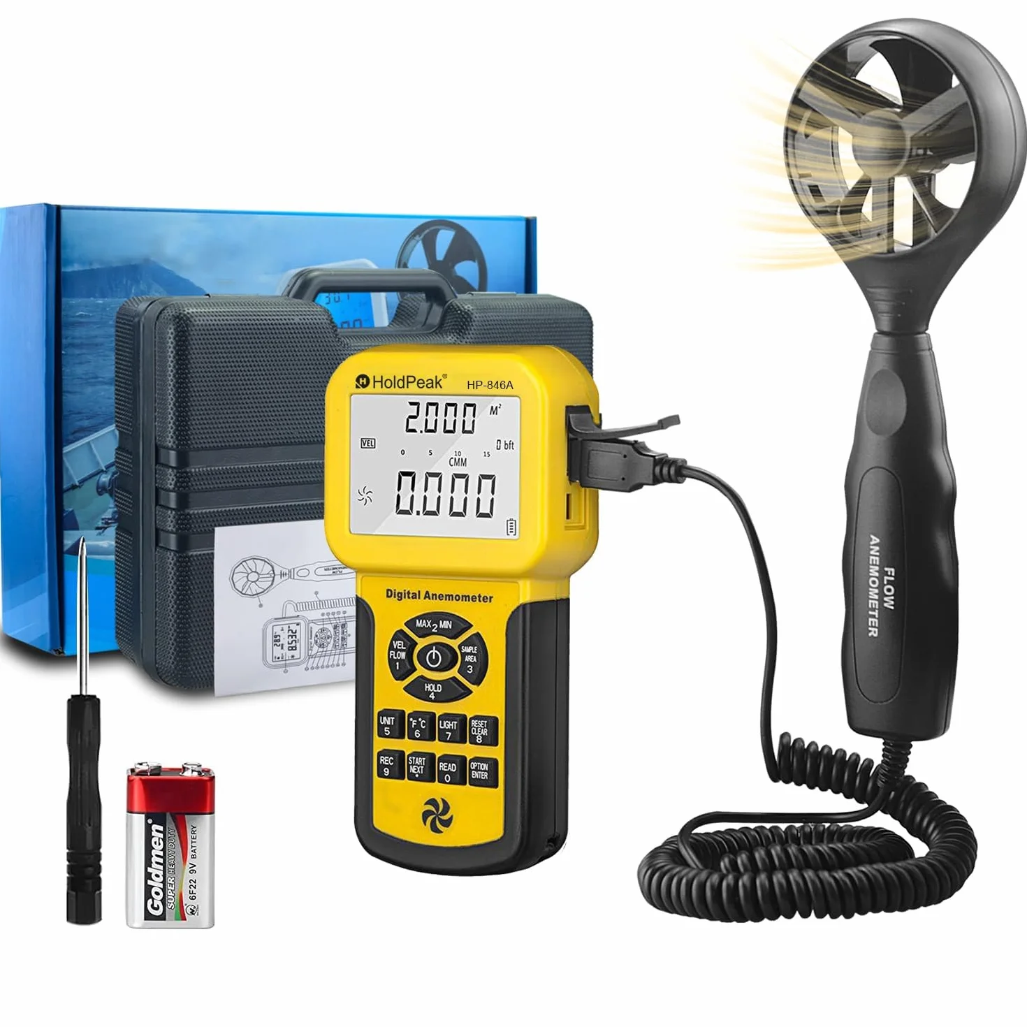 HoldPeak Anemometro Digitale 846A, Misuratore di velocità del Vento CFM Anemometro, Misura la velocità del Vento + Temperatura con Retroilluminazione per HVAC,Windsurf, Aquilone, Vela, Surf