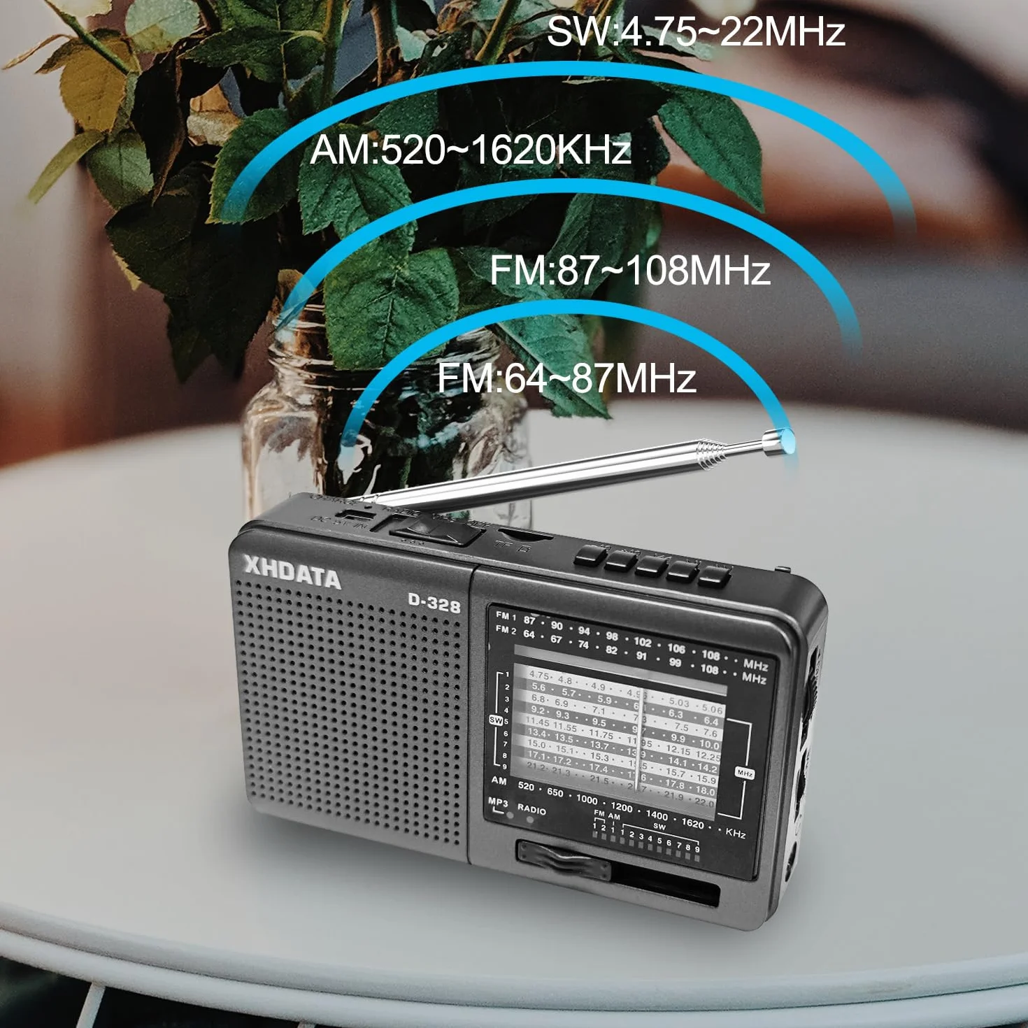 XHDATA D-328 Radio Portatile FM AM SW Vintage Supporto TF Card MP3 Batteria Ricaricabile Grigio
