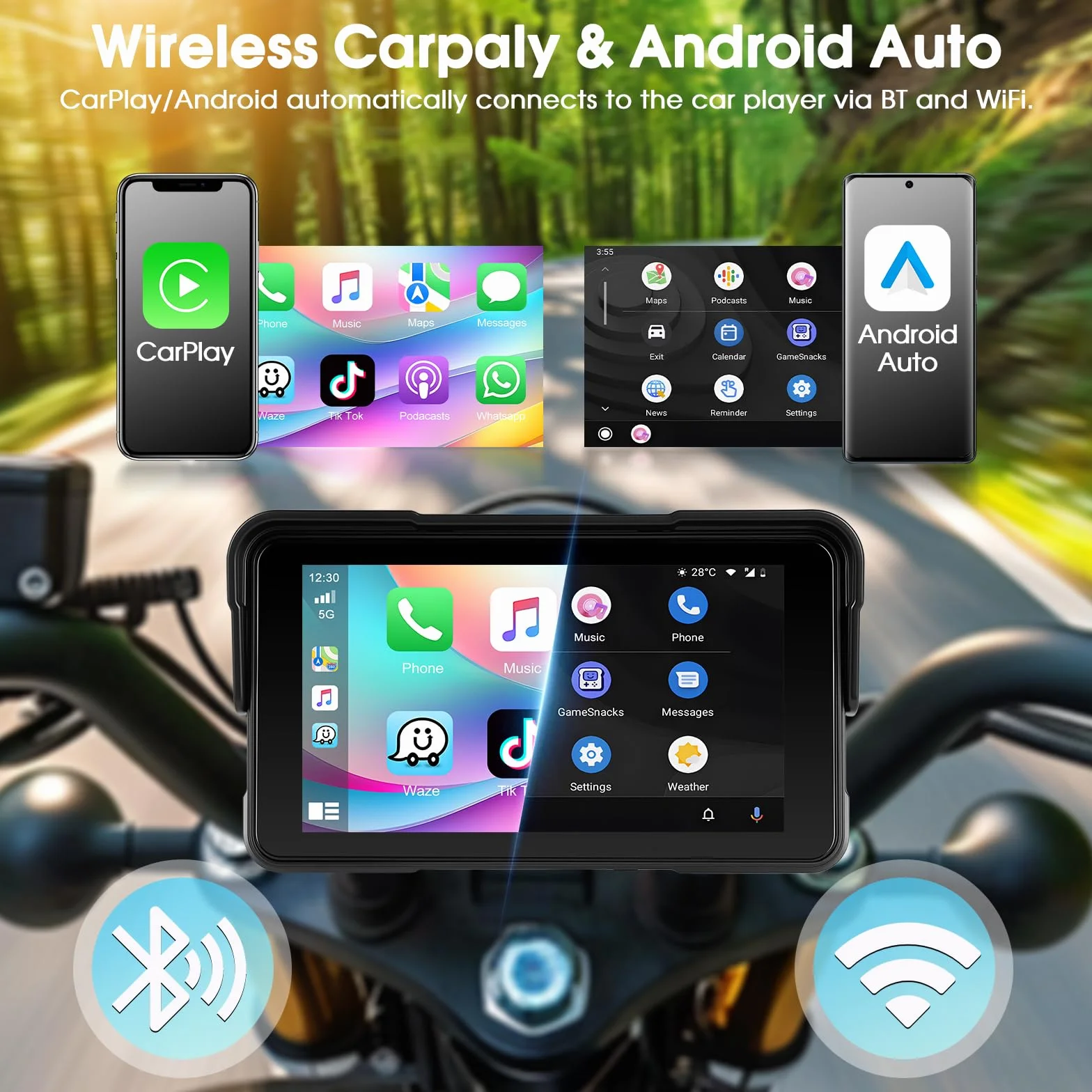 A-pple CarPlay Display Moto Android Auto IP68 Touchscreen HD 5 Pollici Autoradio Portatile Navigazione GPS Bluetooth Radio FM