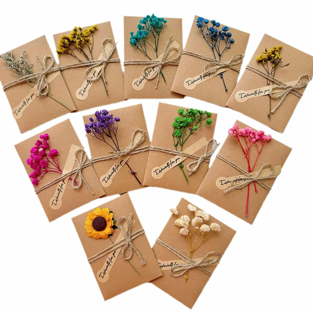 Biglietti Auguri Compleanno 10 Pcs Kraft Fiori Secchi Confezione da Carta da Lettere con Busta