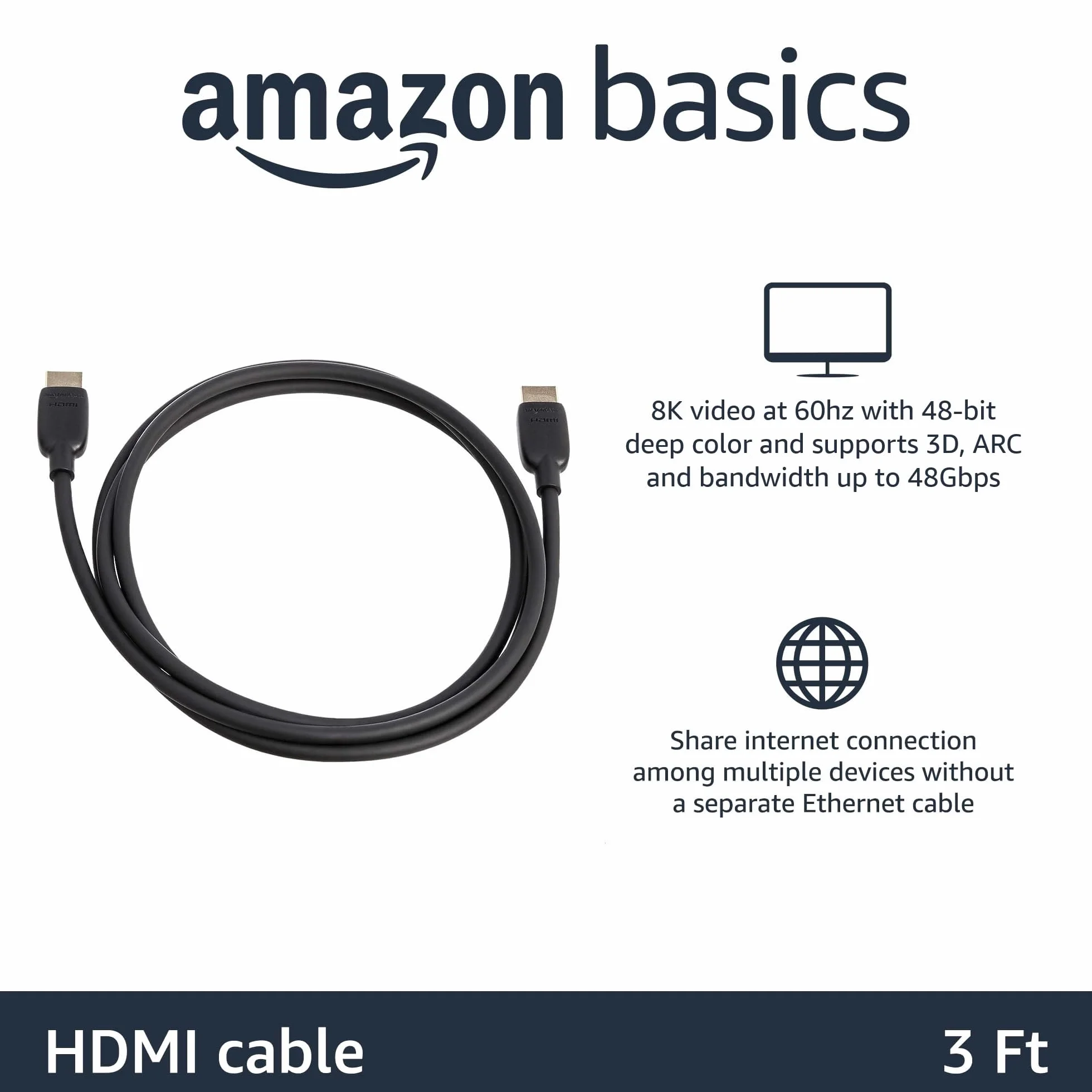 Amazon Basics HDMI Cable 3 Feet HDMI 2.1 48Gbps 8K@60Hz 4K@120Hz Ultra High Speed Black