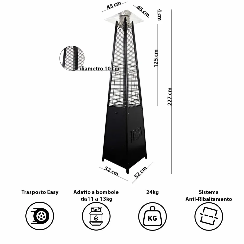 Stufa a Gas da Esterno Pyramid 13kW Riscaldatore a Fiamma Viva per Giardino Bar e Ristoranti