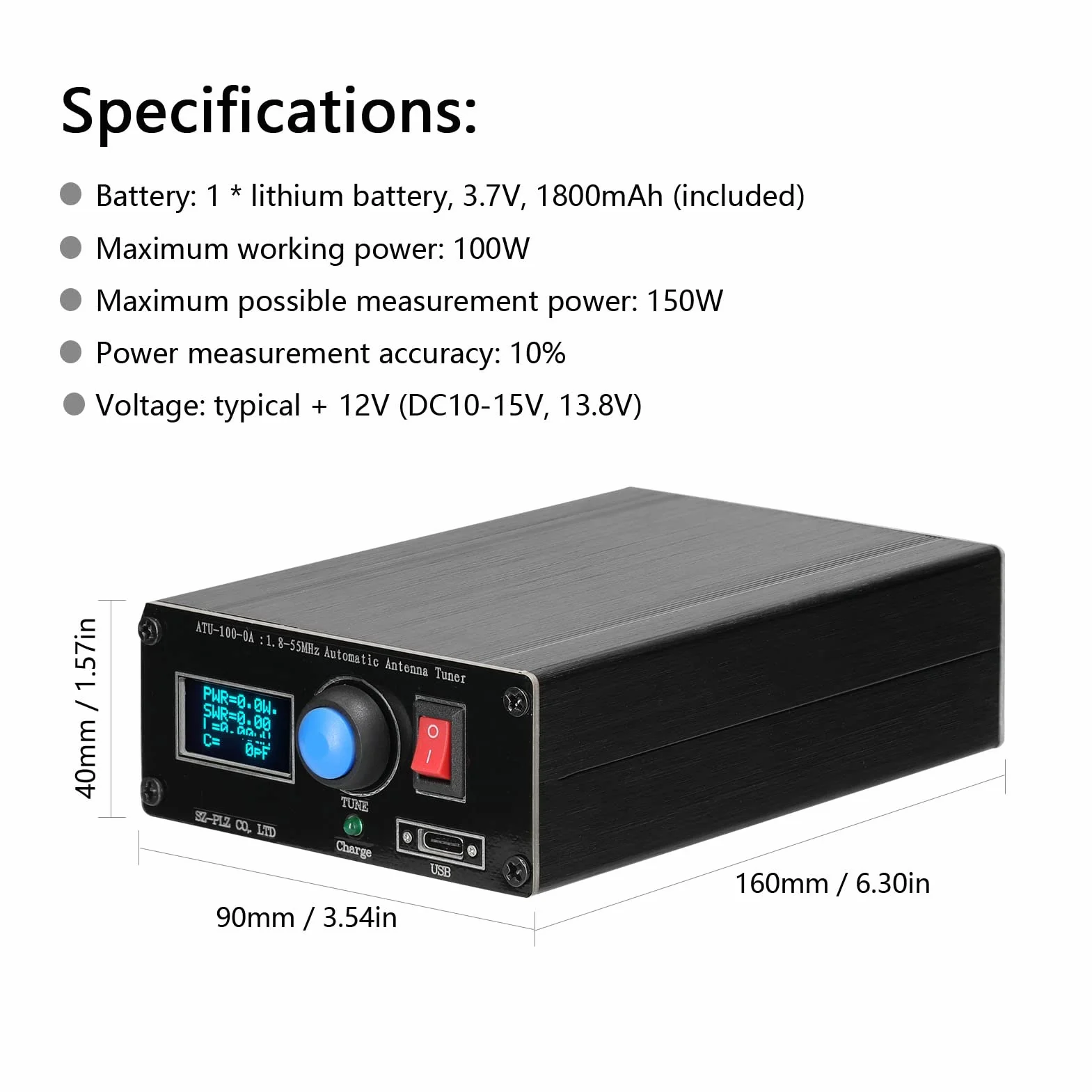 Baugger ATU-100-0A Mini sintonizzatore automatico per antenna 1,8-55 MHz Display OLED 0,91 pollici Outcase lega alluminio 1800 mAh