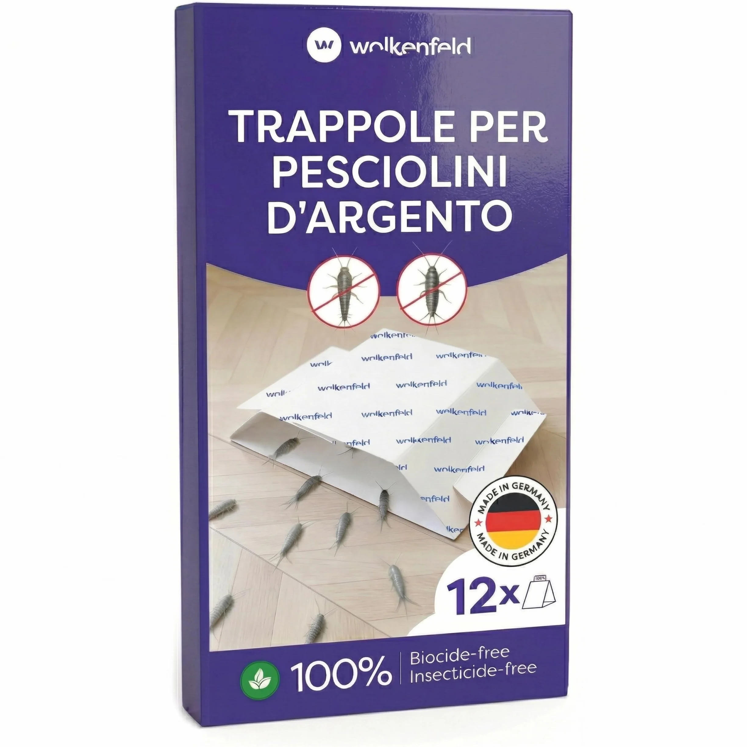 Wolkenfeld Trappola Pesciolini D'argento – Esca Naturale Adesiva Anti Pesciolini D'argento – Monitoraggio Casa e Bagno – 100% Senza Spray né Biocidi – Prodotto in Germania – 12 Fogli Adesivi